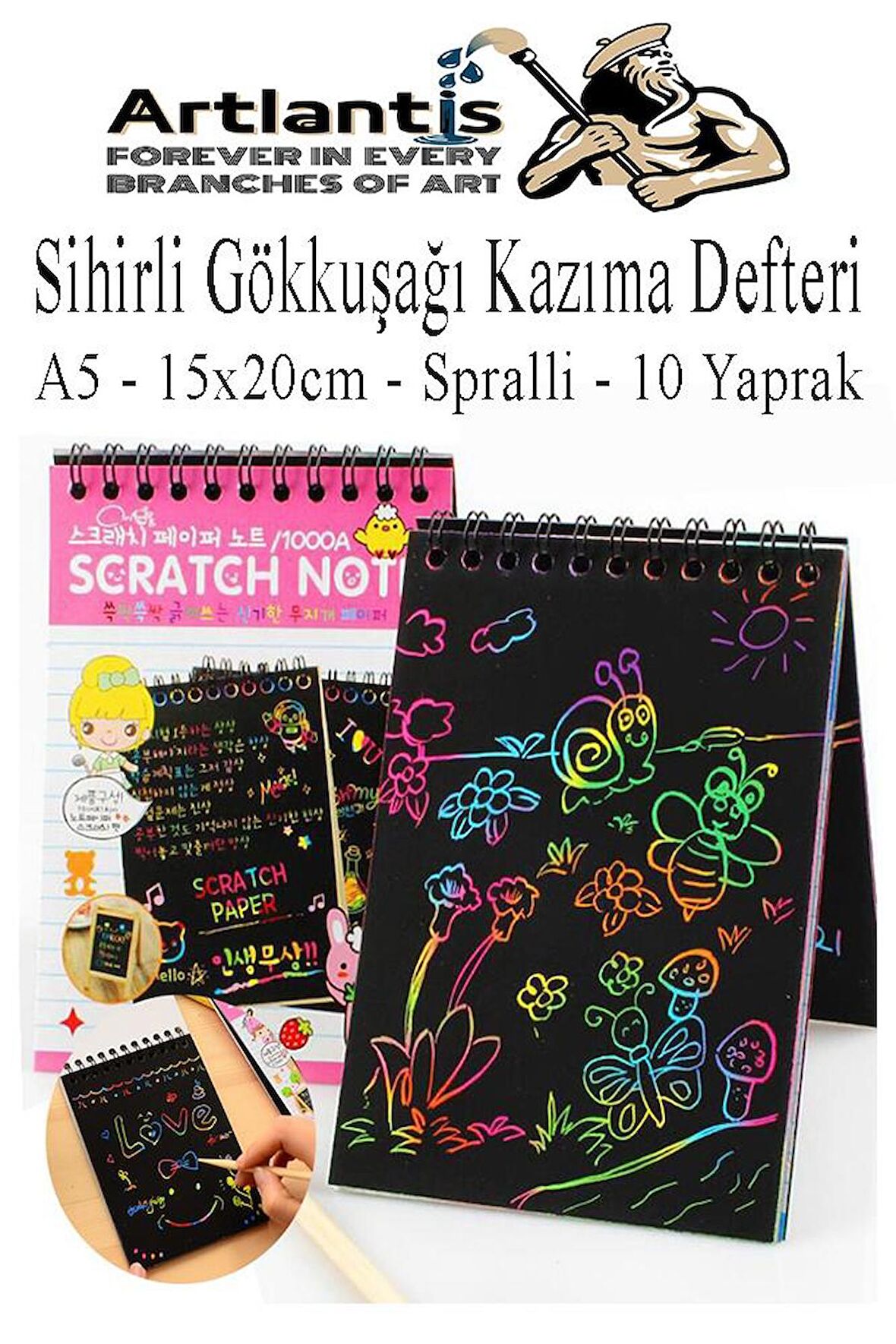 Sihirli Gökkuşağı Kazıma Defteri A5 15x20 cm 1 Paket 10 Sayfa Scratch Note Spralli Siyah Sihirli Resim Defteri