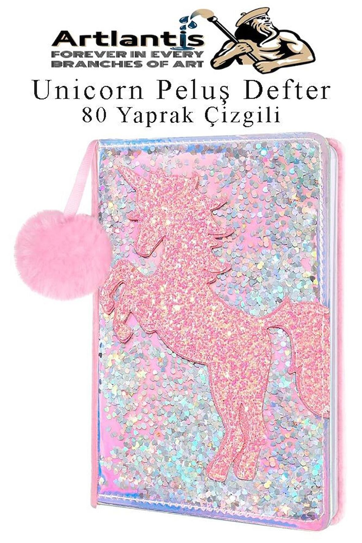 Unicorn Simli Peluş Çizgili Defter 1 Adet Hatıra ve Günlük Defteri Peluş Ponponlu Defter A5 80 Yaprak