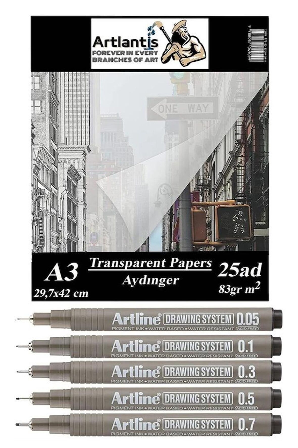 Aydınger Kağıdı A3 83 gr 25'li 1 Paket Eskiz Kağıdı Artline Teknik Çizim Kalemi Drawing System 5 Adet