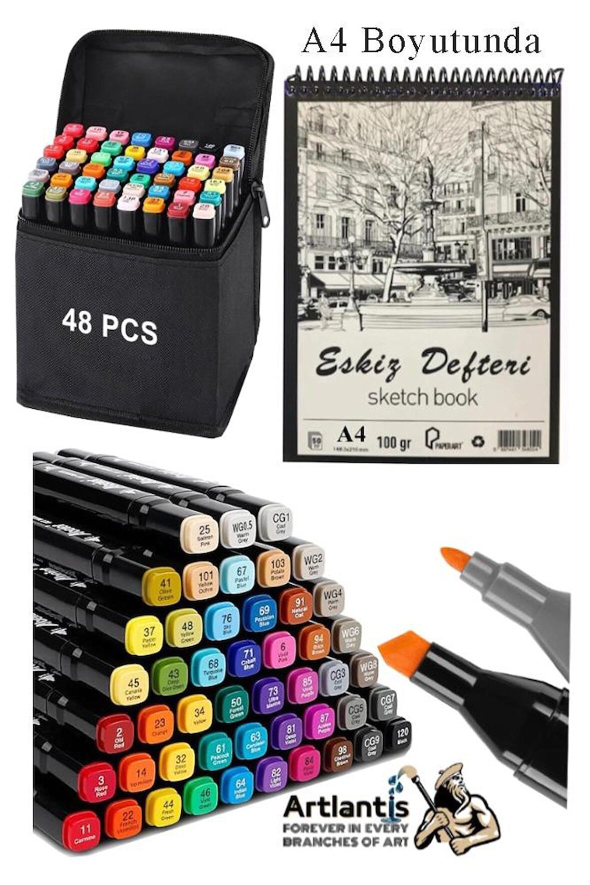 Eskiz Defteri A4 50 Yaprak 100 gr 1 Adet 48 Renk Çift Taraflı Marker Kalem 48 Adet Touch Çift Uçlu