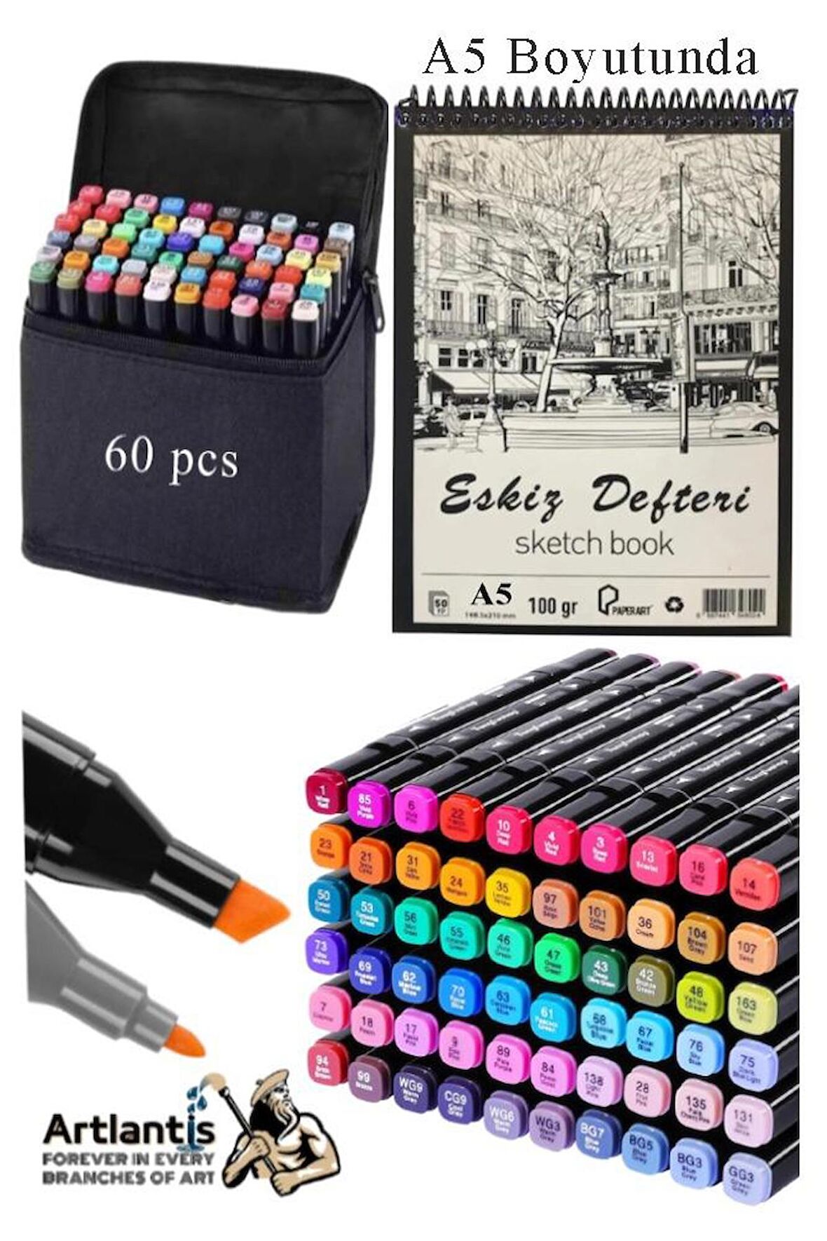 Eskiz Defteri A5 50 Yaprak 100 gr 1 Adet 60 Renk Çift Taraflı Marker Kalem 60 Adet Touch Çift Uçlu