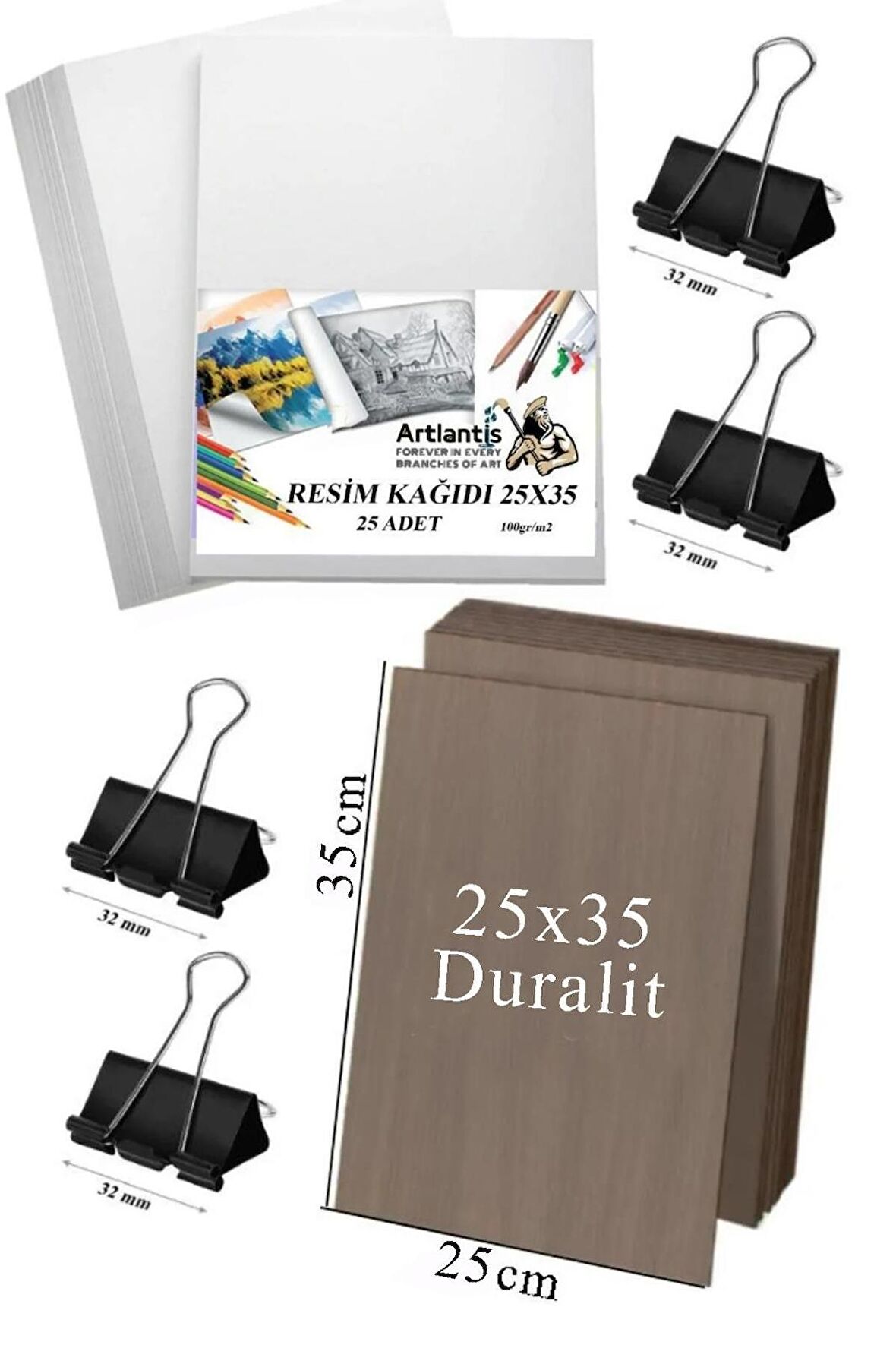 Karakalem Eskiz Çizim Seti Durolit Seti 25x35 cm Duralit 1 Adet 25x35 Resim Kağıdı 25 Adet Mandal Metal 4 Adet