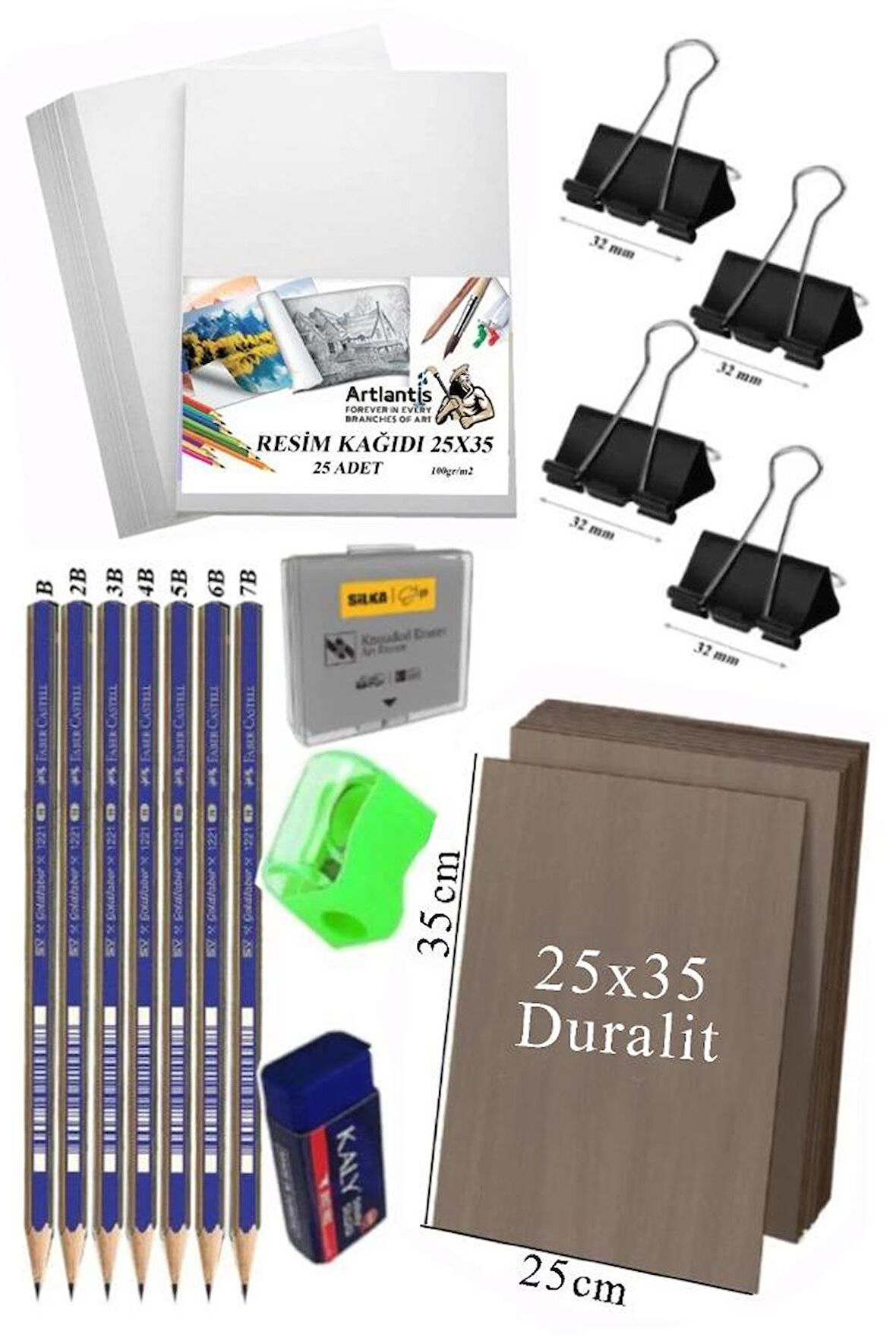 Karakalem Eskiz Çizim Seti Duralit Seti 25X35 cm 1 Paket Resim Kağıdı Faber Dereceli Kalem Seti Hamur Silgi Sınav Silgisi