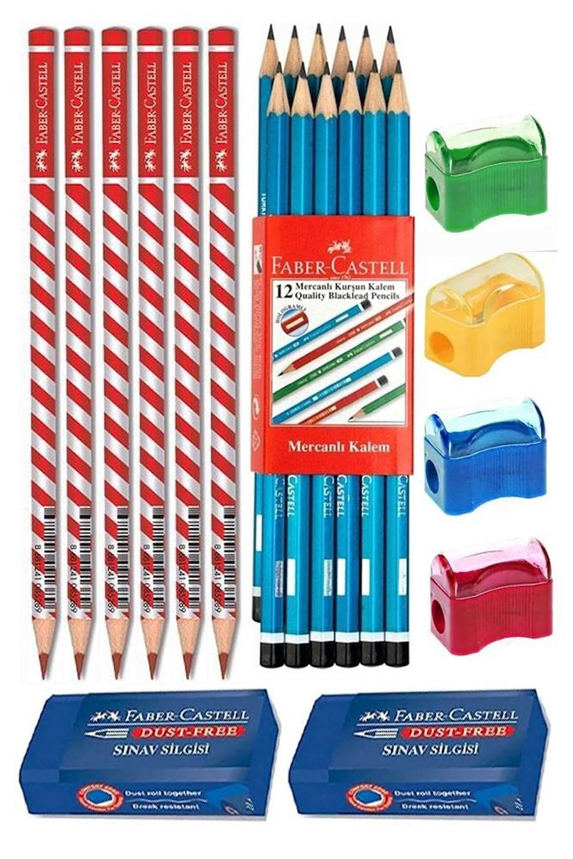 Faber Castell Siyah Kurşun Kalem 12 Adet Kırmızı Başlık Kalemi 6 Adet Sınav Silgisi 2 Adet Kalemtraş 4 Adet