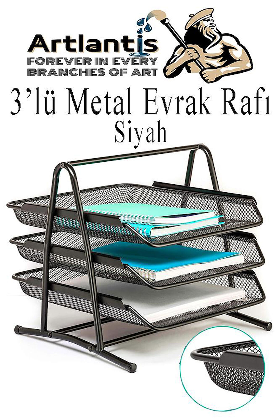 Metal Evrak Rafı 3 lü 1 Paket Masa Üstü A4 Dosya Düzenleyici Kağıt Tepsisi Fileli Üç Katlı Hareketli