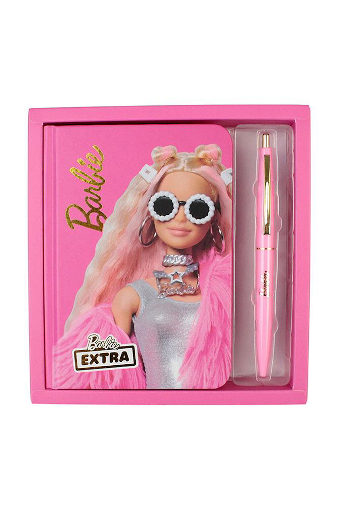 Orijinal Barbie Extra Notebook Pembe 2 li  Kalın Kapak Çizgili Defter Tükenmez Kalem Lisanlı Barbie Baskılı Not Defteri Seti