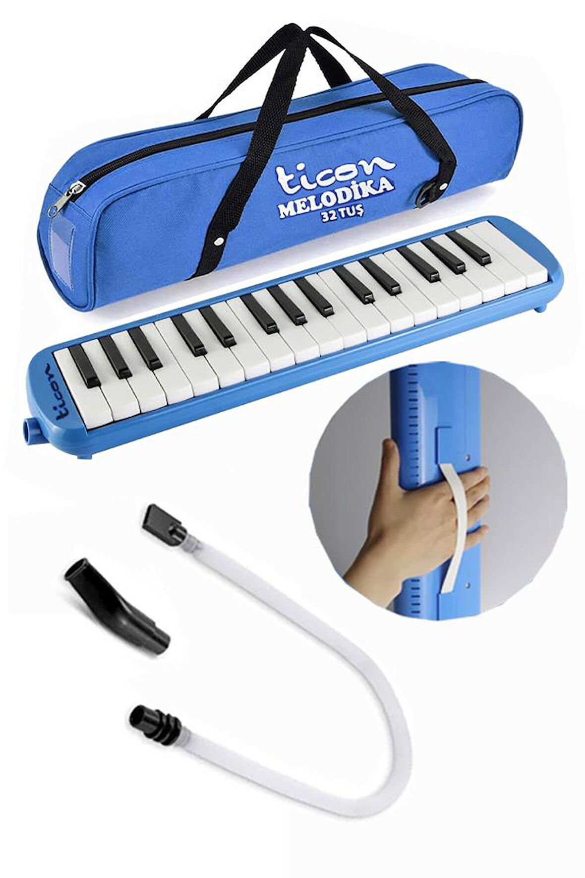 Melodika 32 Tuşlu Mavi Bez Çantalı 1 Adet Müzik Defteri A4 Plastik Kapak 40 Yaprak Spralli 1 Adet Hortumlu Melodika Askılı Taşıma Kulplu Okul Öğrenci