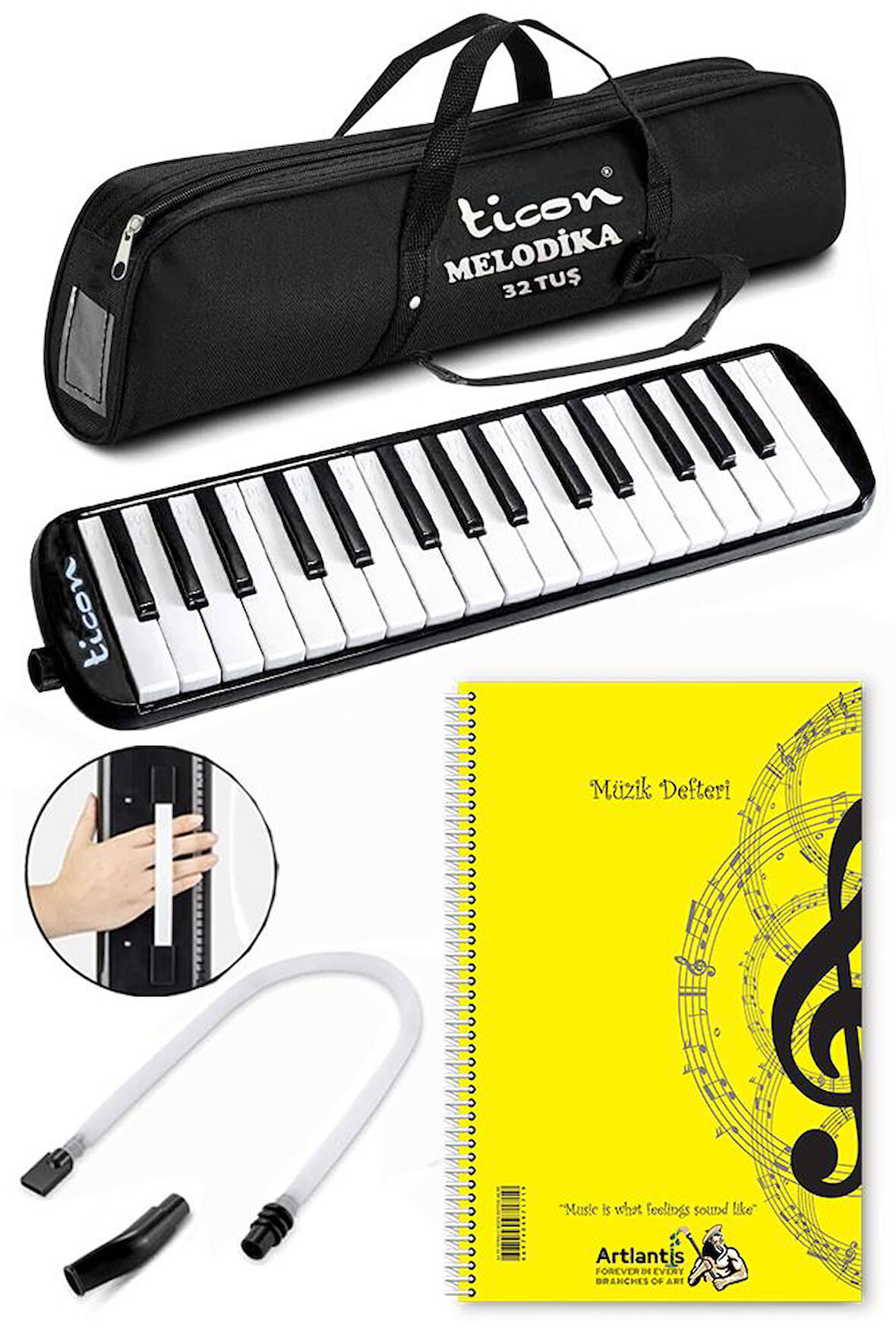 Melodika 32 Tuşlu Siyah Bez Çantalı 1 Adet Müzik Defteri A4 Plastik Kapak 40 Yaprak Spralli 1 Adet Hortumlu Melodika Askılı Taşıma Kulplu Okul Öğrenci