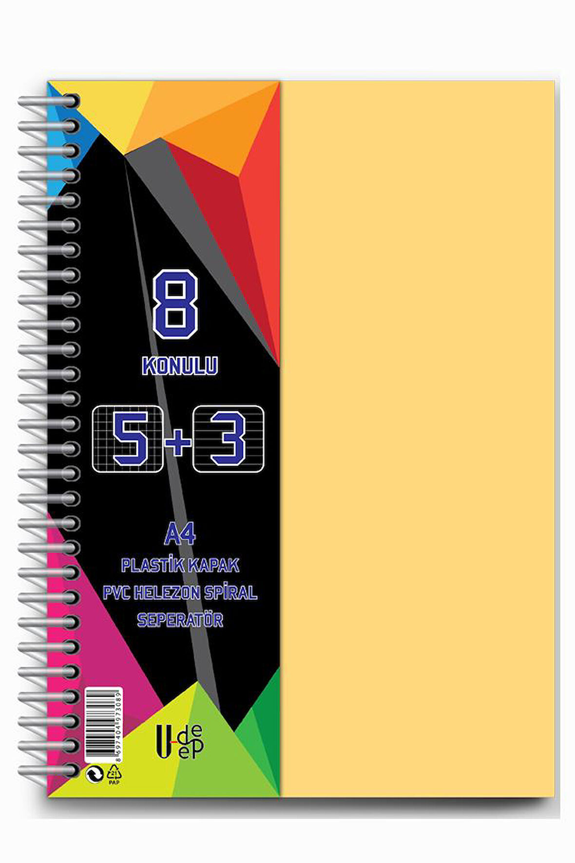5+3 Ayraçlı Defter 8 Konulu 200 Yaprak 1 Adet 5 Kareli 3 Çizgili Spralli Plastik Kapak Seperatörlü