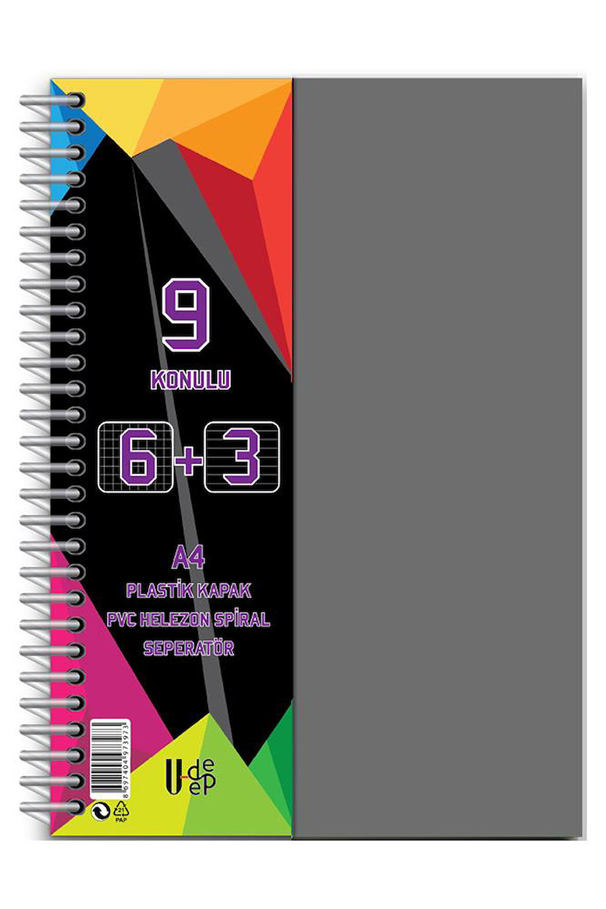 6+3 Ayraçlı Defter 9 Konulu 225 Yaprak 1 Adet 6 Kareli 3 Çizgili Spralli Plastik Kapak Seperatörlü