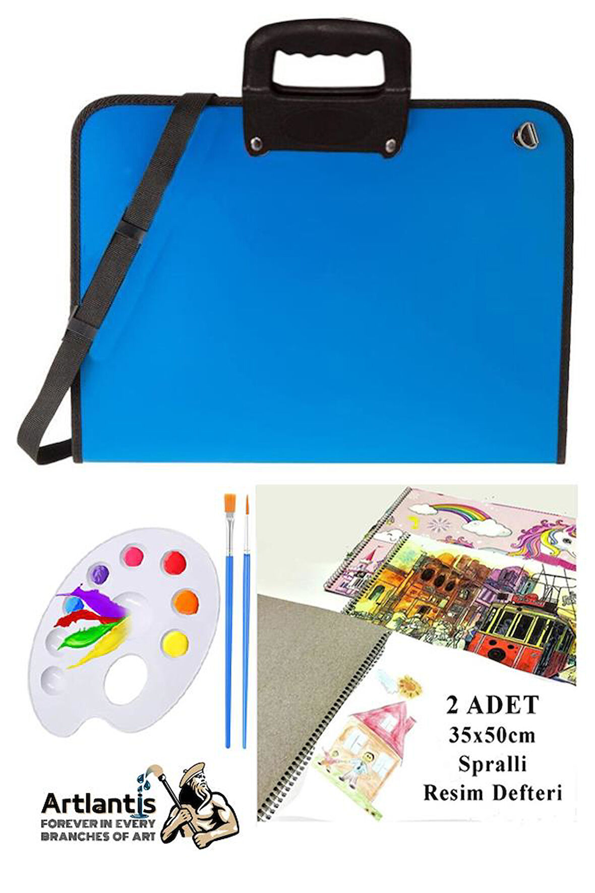 Resim Çantası 35x50 cm Resim Defteri Palet Fırça Seti 1 Paket Mavi Resim Proje Çantası Fermuarlı Kulplu 37x54 cm