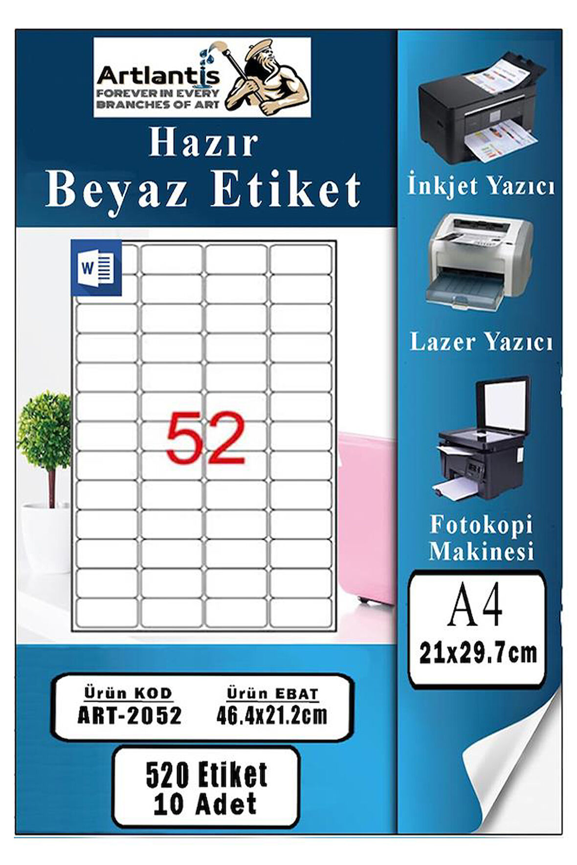 A4 Hazır Etiket 46.4x21.2 mm 10 Sayfa 1 Paket 52 li Kendinden Yapışkanlı Fotokopi Lazer İnkjet Kağıdı Yazıcılar İçin Uyumlu