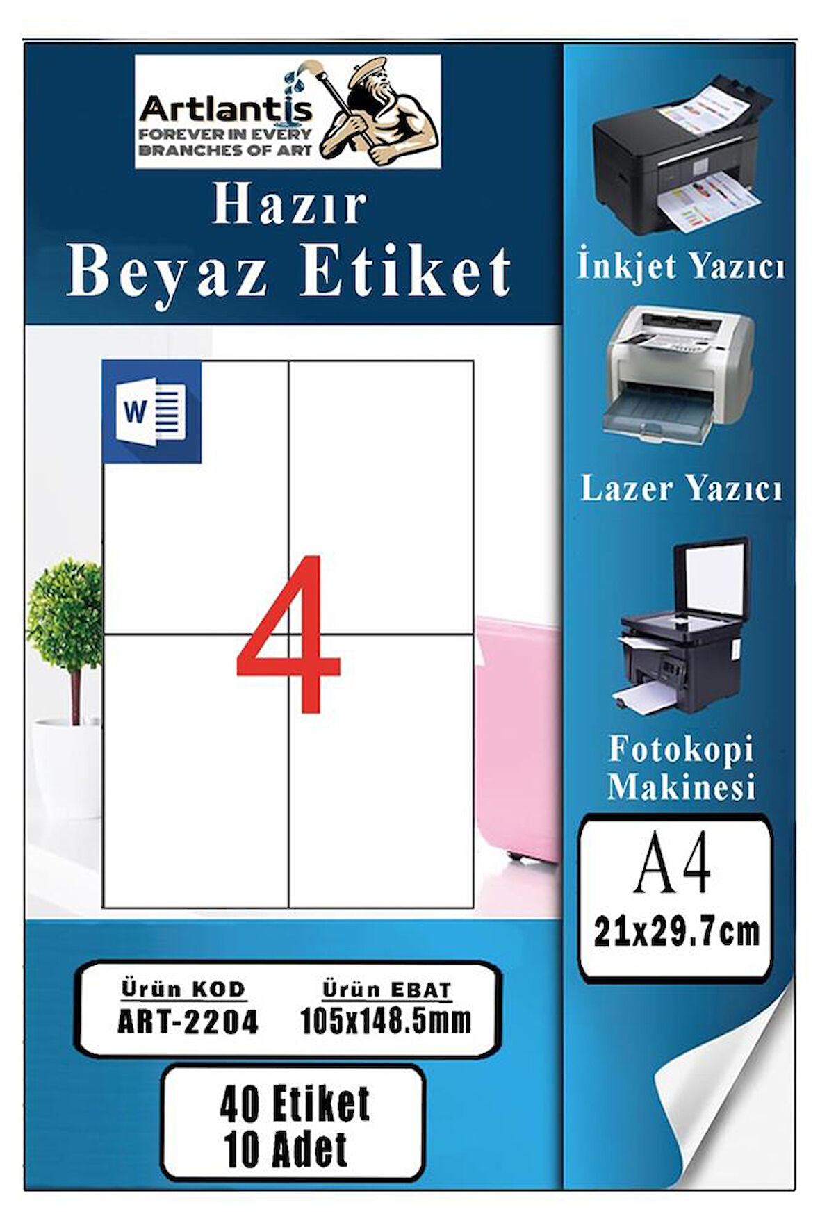 A4 Hazır Etiket 105x148.5 mm 10 Sayfa 1 Paket 4 lü Kendinden Yapışkanlı Fotokopi Lazer İnkjet Kağıdı Yazıcılar İçin Uyumlu