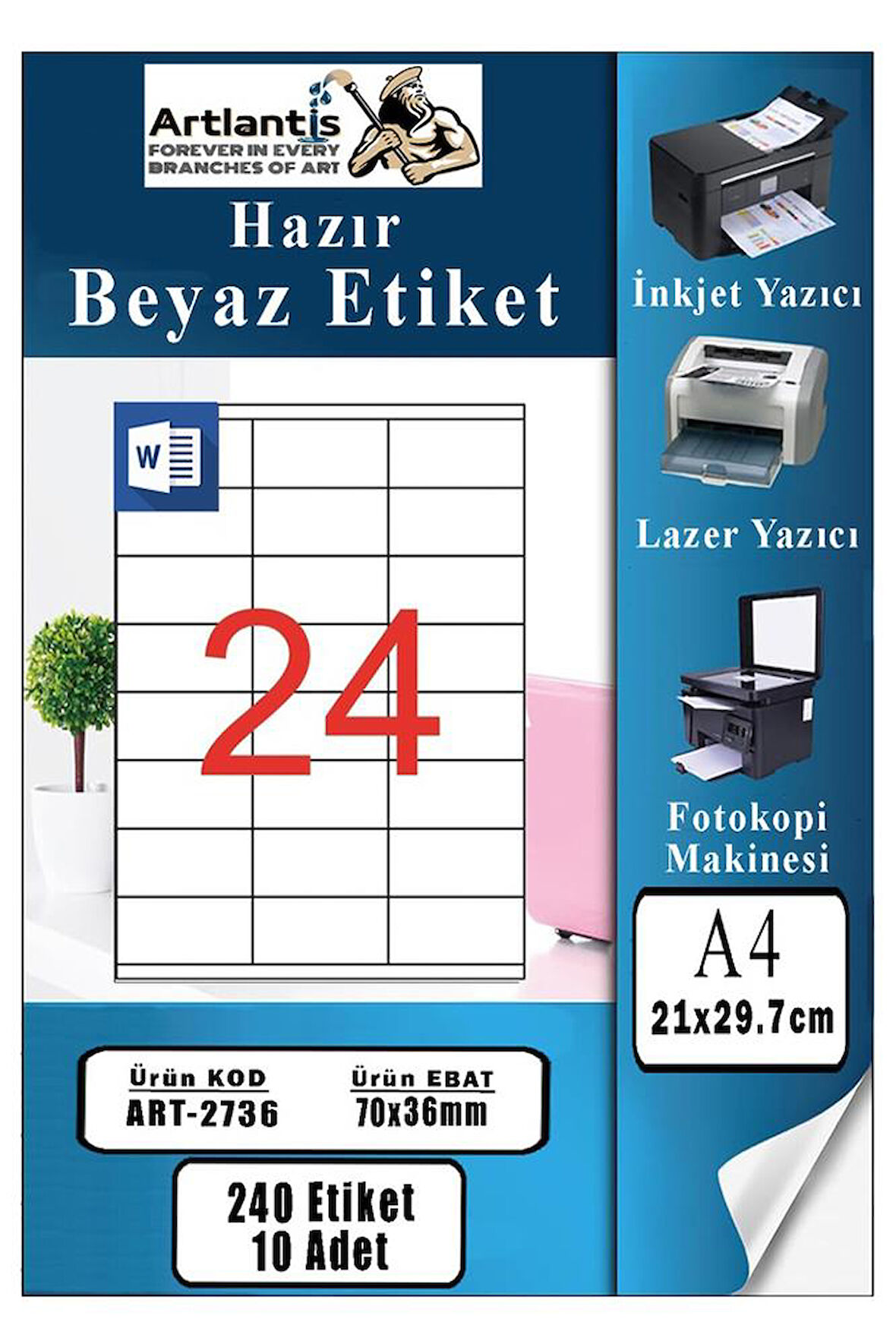 A4 Hazır Etiket 70x36 mm 10 Sayfa 1 Paket 24 lü Kendinden Yapışkanlı Fotokopi Lazer İnkjet Kağıdı Yazıcılar İçin Uyumlu