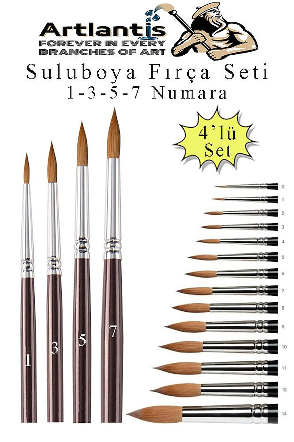Resim Fırçası 1 - 3 - 5 -7 Numara 1 Paket 4 lü Samur Yuvarlak Uçlu Fırça Seti Guaj Sulu Akrilik Yağlı Boya Fırçaları