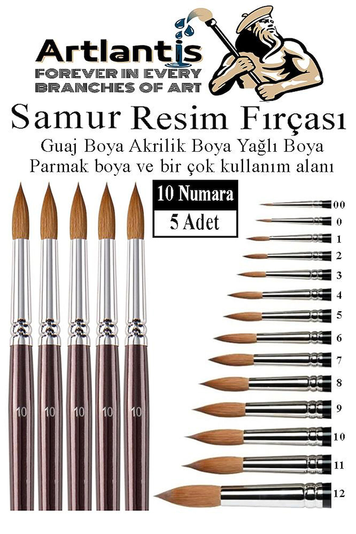 Resim Fırçası 10 Numara 5 li 1 Paket Samur Yuvarlak Uçlu Fırça Seti Guaj Sulu Akrilik Yağlı Boya Fırçaları