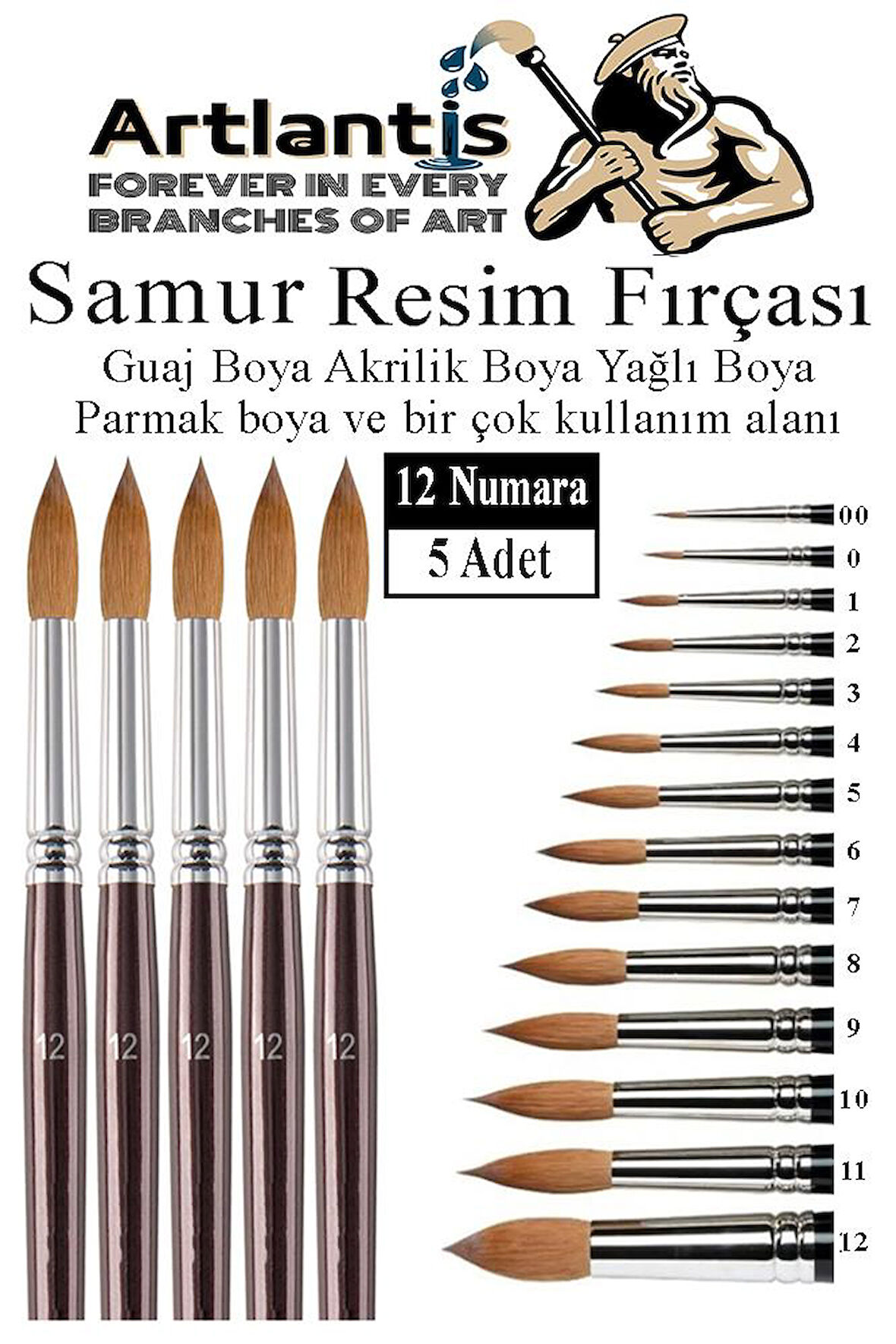 Resim Fırçası 12 Numara 5 li 1 Paket Samur Yuvarlak Uçlu Fırça Seti Guaj Sulu Akrilik Yağlı Boya Fırçaları