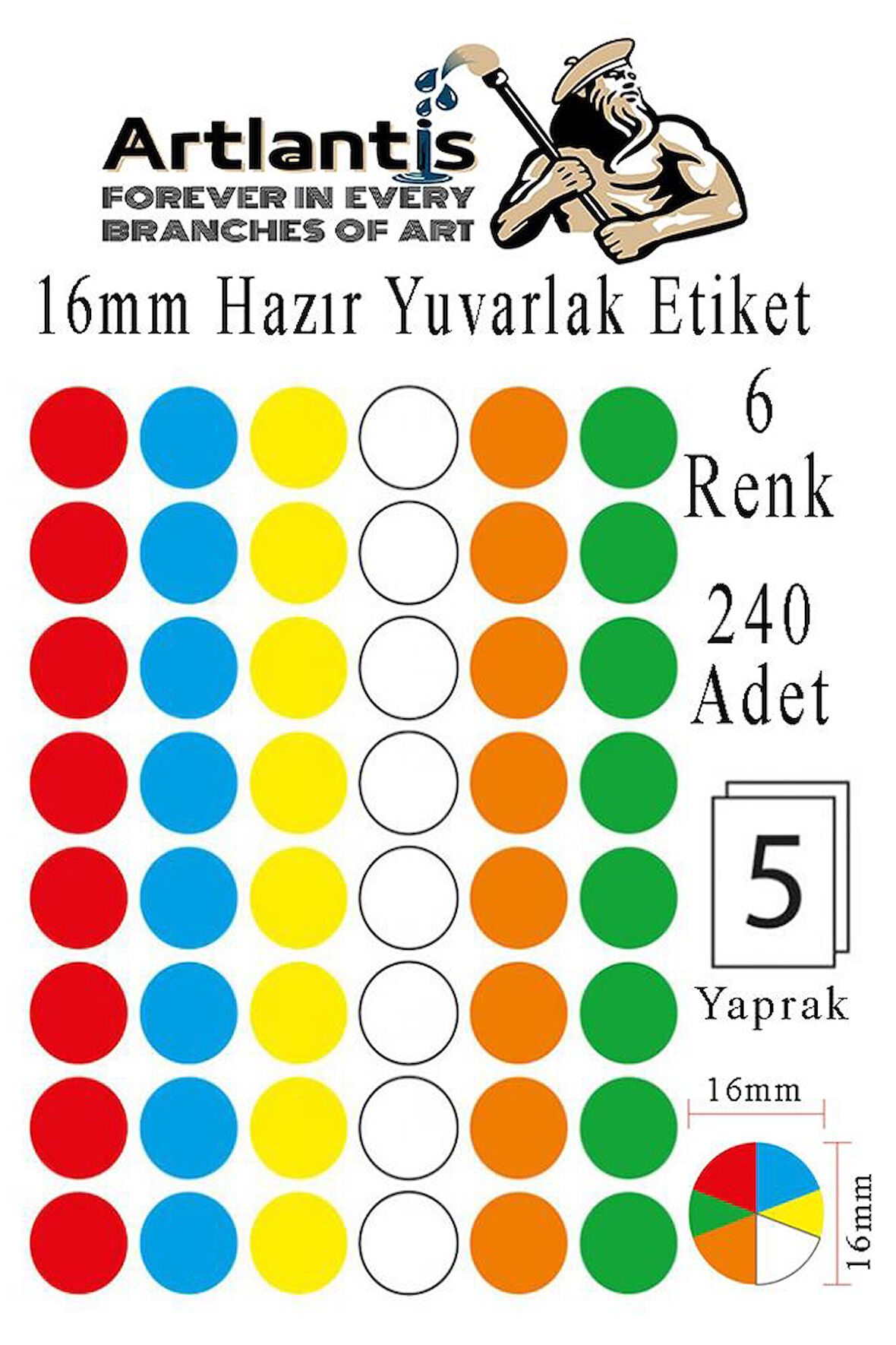 16 mm Renkli Hazır Yuvarlak Etiket 240 lı 1 Paket Mix Color Ofis Etiketleri Kendinden Yapışkanlı Nokta Etiket