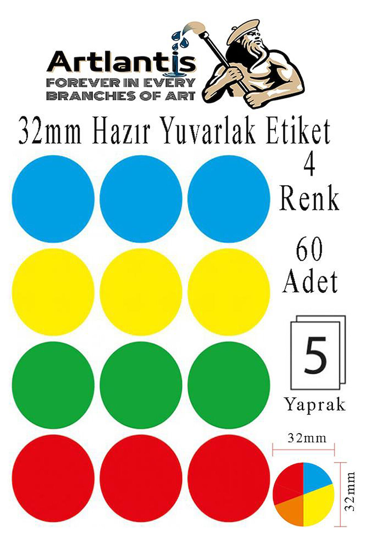 32 mm Renkli Hazır Yuvarlak Etiket 60 lı 1 Paket Mix Color Ofis Etiketleri Kendinden Yapışkanlı Nokta Etiket