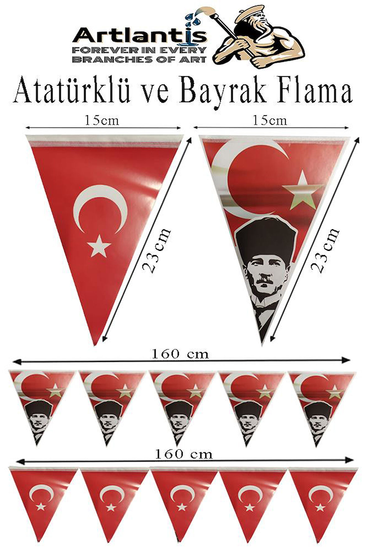 Bayrak Ve Atatürklü Flama 2 Adet Ay Yıldız Bayraklı Atalı Flama Süsleme 29 Ekim 23 Nisan Üçgen Kağıt Flama Okul Sınıf Süsü