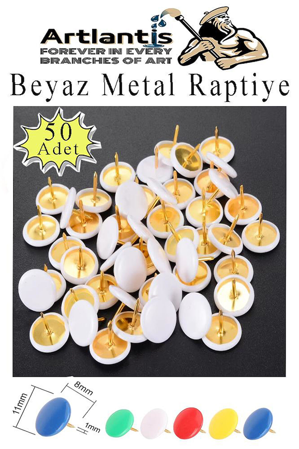 Beyaz Raptiye 50 Adet 1 Paket Renkli Pvc Kaplı Başlıklı Raptiye Plastik Yuvarlak Düğmeli Raptiye Pano Okul Ofis Büro Ev