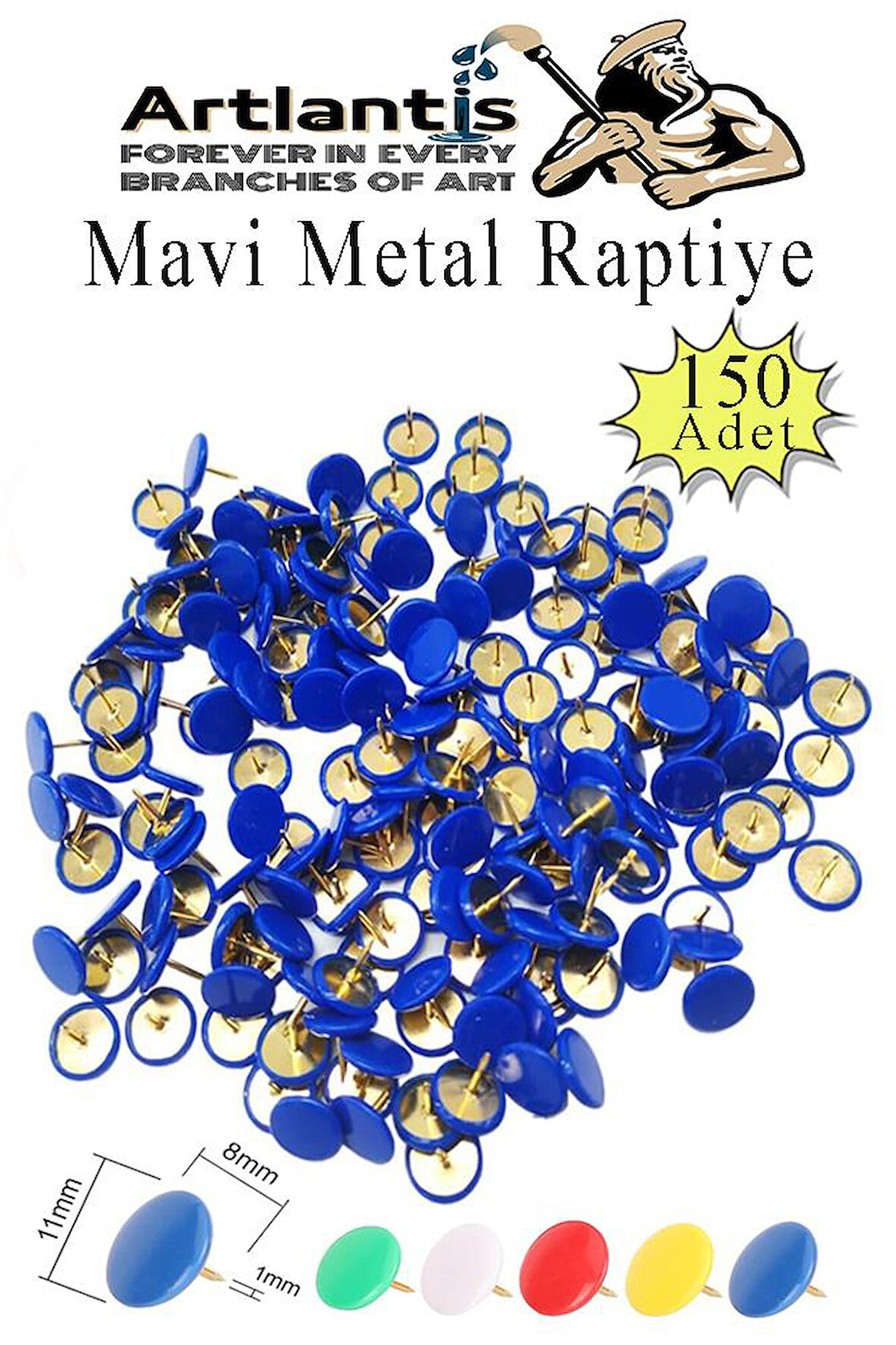 Mavi Raptiye 150 Adet 1 Paket Renkli Pvc Kaplı Başlıklı Raptiye Plastik Yuvarlak Düğmeli Raptiye Pano Okul Ofis Büro Ev