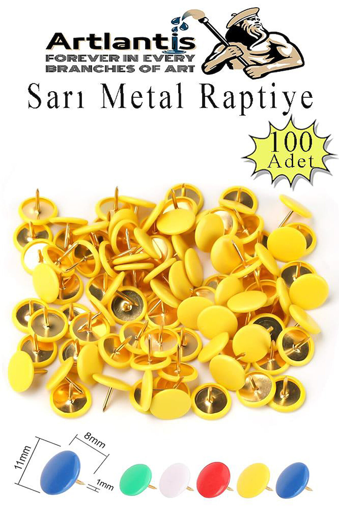 Sarı Raptiye 100 Adet 1 Paket Renkli Pvc Kaplı Başlıklı Raptiye Plastik Yuvarlak Düğmeli Raptiye Pano Okul Ofis Büro