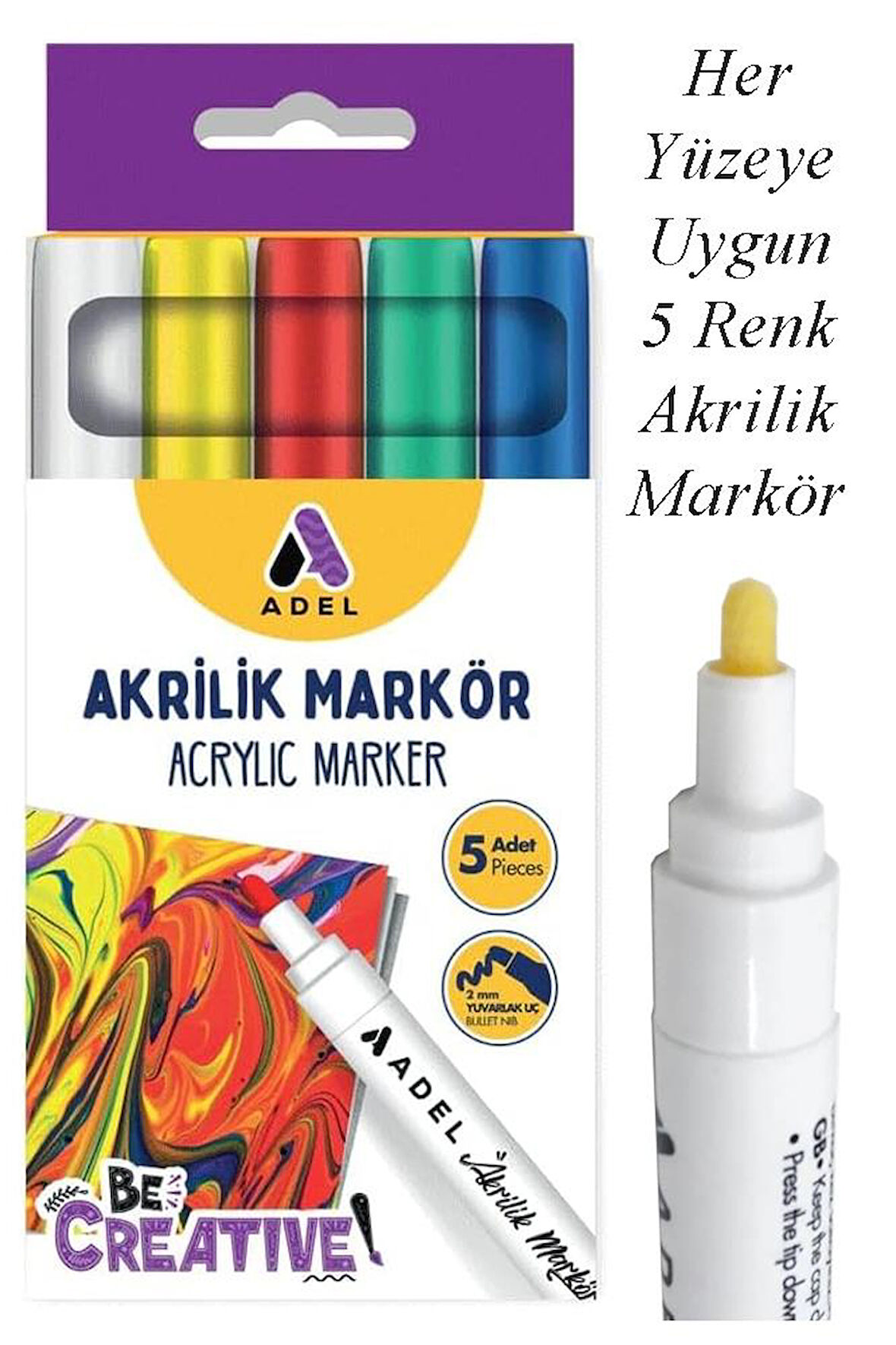 Akrilik Markör Seti 5 Renk 1 Paket 2 mm Yuvarlak Uçlu Akrilik Marker Keçe Uçlu Seramik Ahşap Kumaş Tuval Metal Taş Her Yüzeye