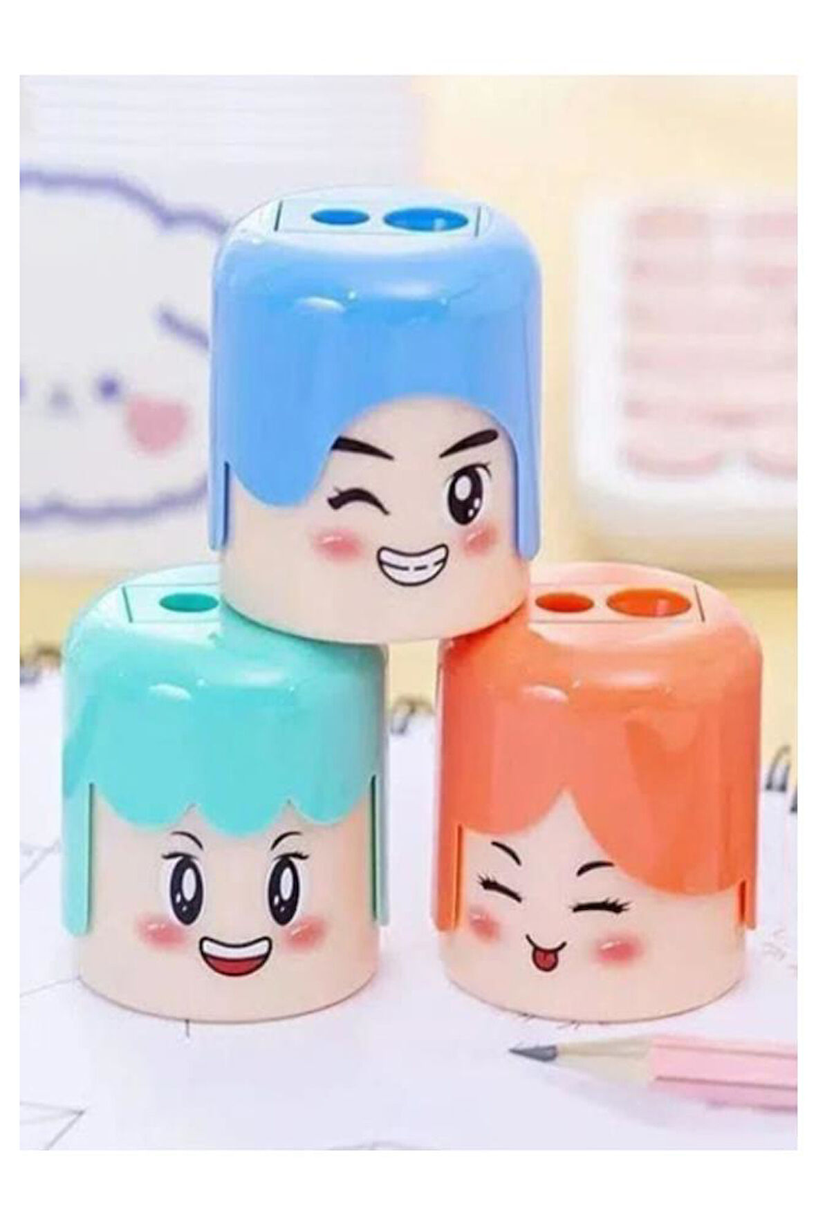 Çift Bıçaklı Hazneli Kalemtıraş 3 Adet Fiğürlü Iki Bıçaklı Jumbo Kalem Açaçağı Kalemtıraş Insan Yüz Modeli Plastik