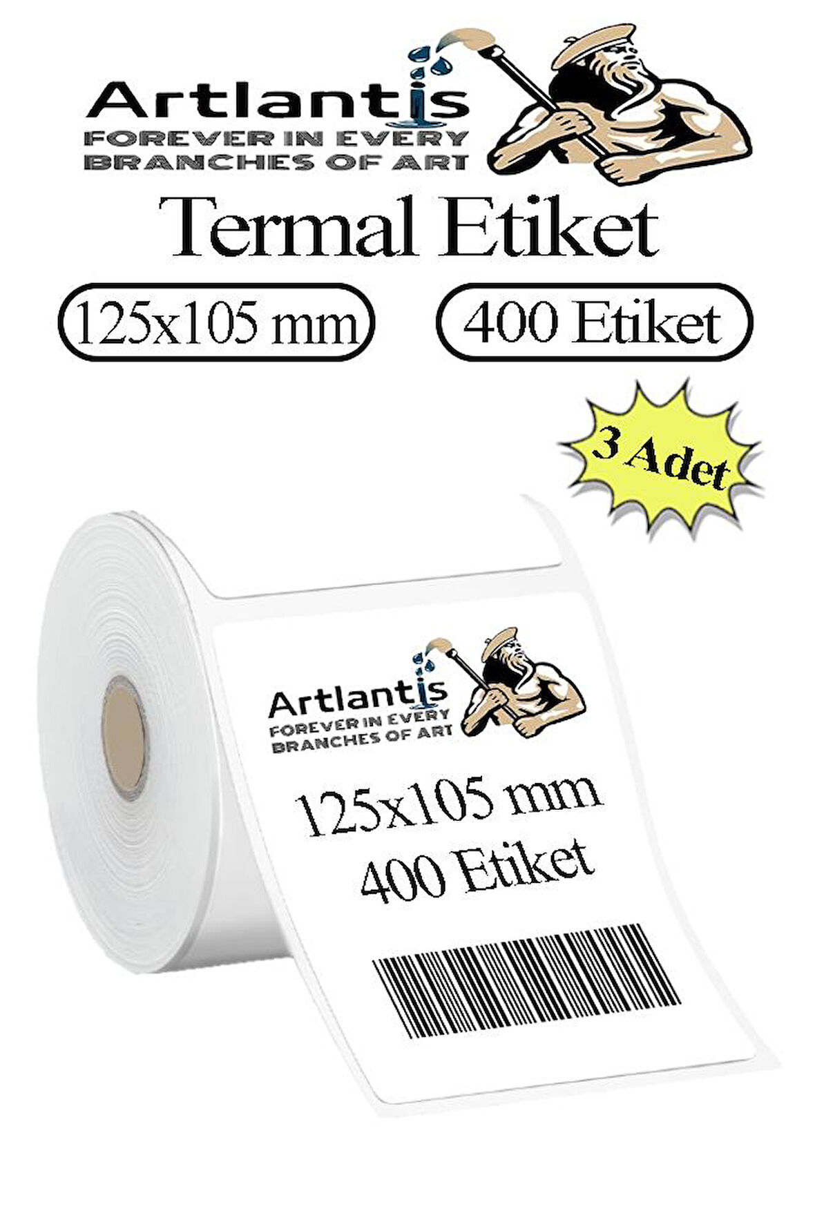 125x105 mm Barkod Etiketi Yapışkanlı 3 Adet Rulo Etiket Termal Barkot Terazi Etiketi 400 lü Barkod Yazıcılara Uyumludur