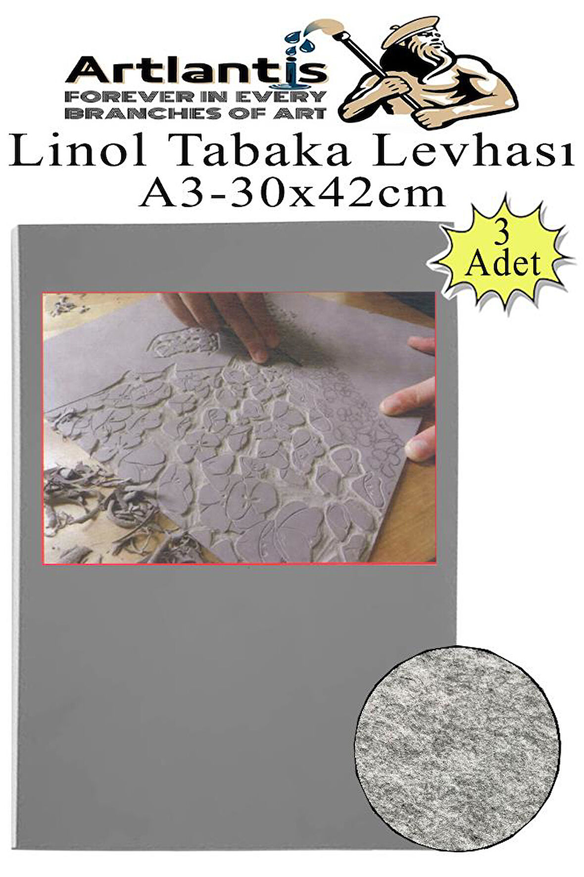 Linol Tabaka Levhası A3 30X42 cm 2mm Gri 3 Adet Linolyum Tabaka Gri Linol Muşamba Baslı Levha