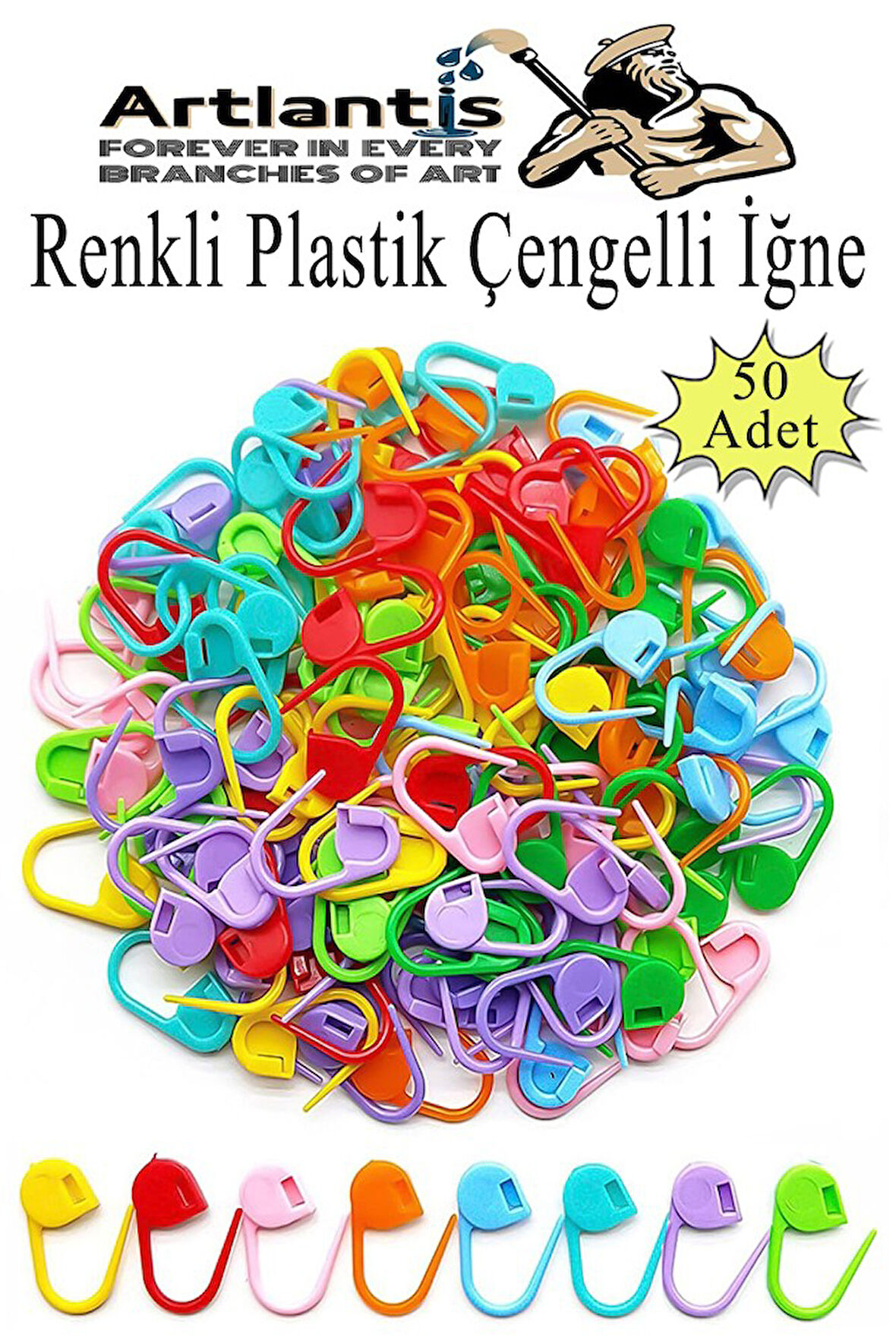 Plastik Çengelli İğne 50 li 1 Paket Örgü Ayracı Renkli Oval Çengelli İğne Klips İlmek Sabitleyici Belirleyici İp Tutucu