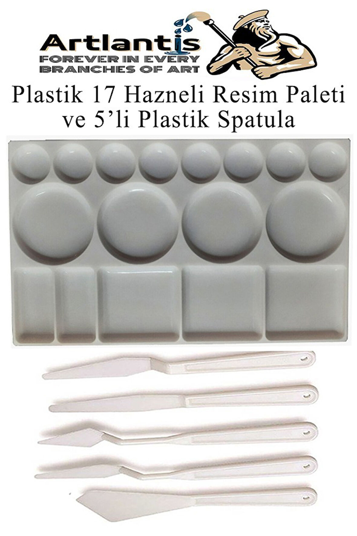 Plastik Masa Üstü 17 Hazneli Resim Paleti 5 li Plastik Spatula 1 Paket Ressam Paleti Sanatsal Esnek Plastik Palet Bıçağı