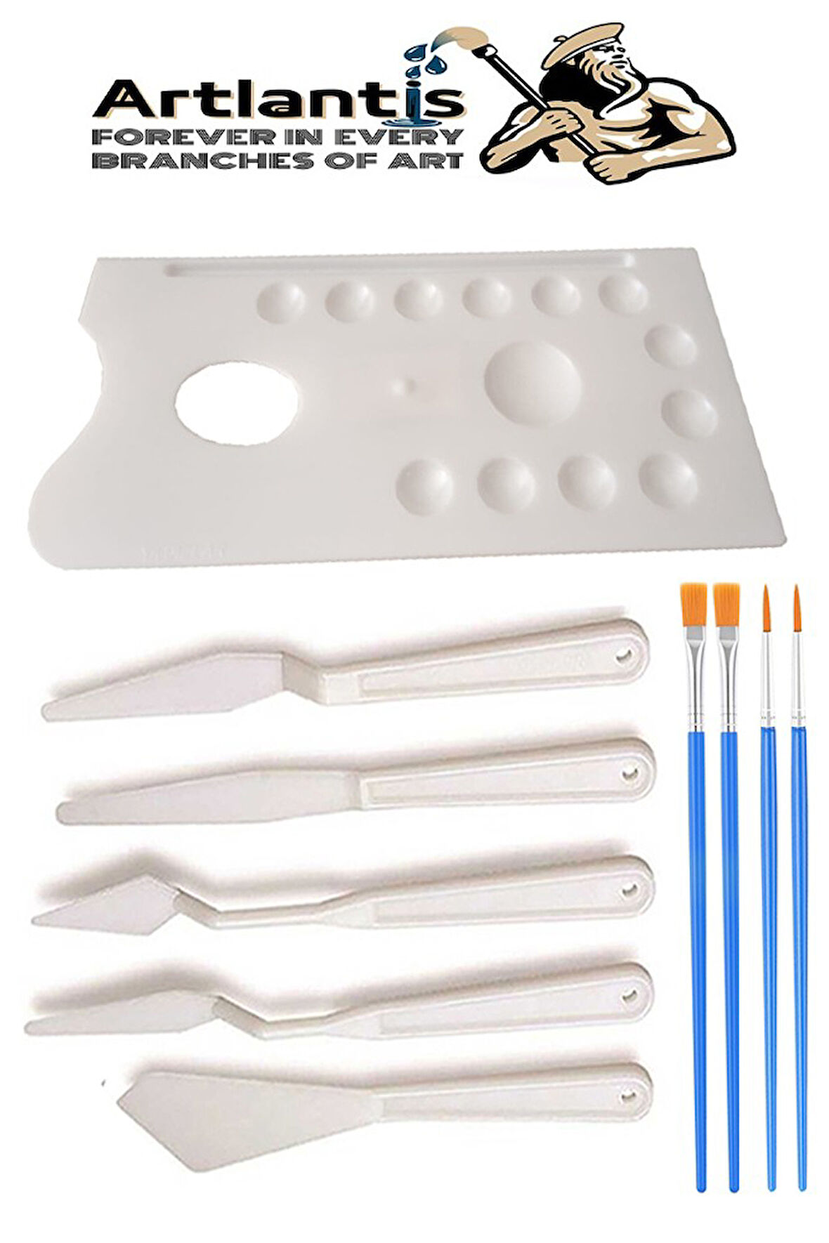 Plastik 13 Hazneli Resim Paleti 5 li Plastik Spatula ve Resim Fırçası 1 Paket Ressam Paleti Sanatsal Esnek Palet Bıçağı