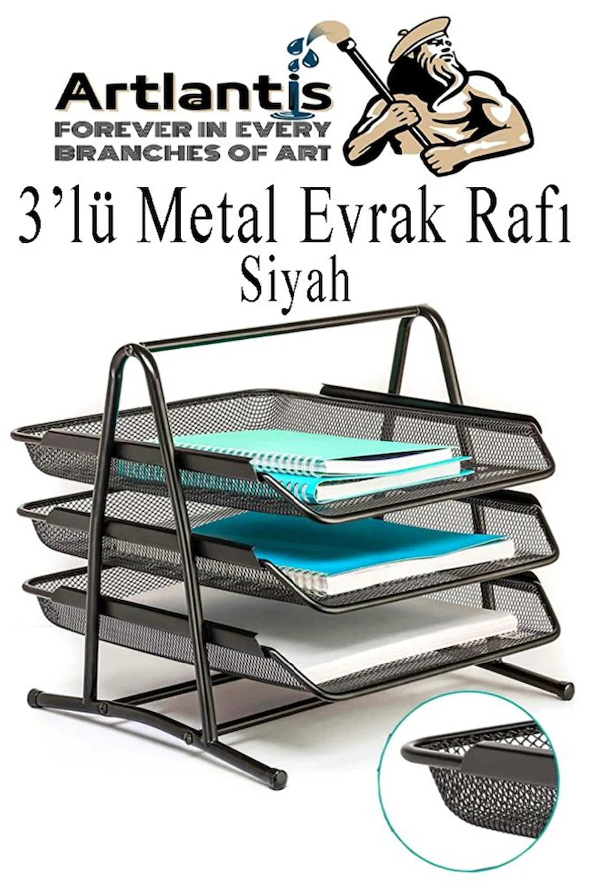 Metal Evrak Rafı 3 lü 1 Paket Masa Üstü A4 Dosya Düzenleyici Kağıt Tepsisi Metal Fileli Üç Katlı Hareketli Perfore