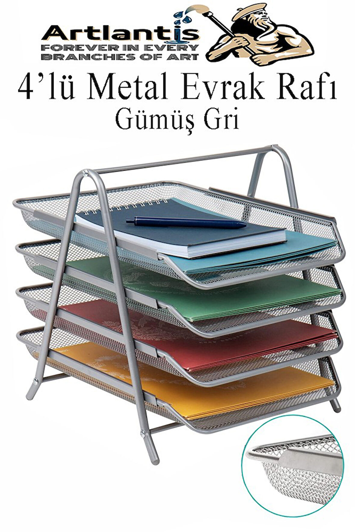 Evrak Rafı Metal 4 lü 1 Paket Masa Üstü A4 Dosya Düzenleyici Kağıt Tepsisi Metal Fileli Dört Katlı Hareketli Perfore