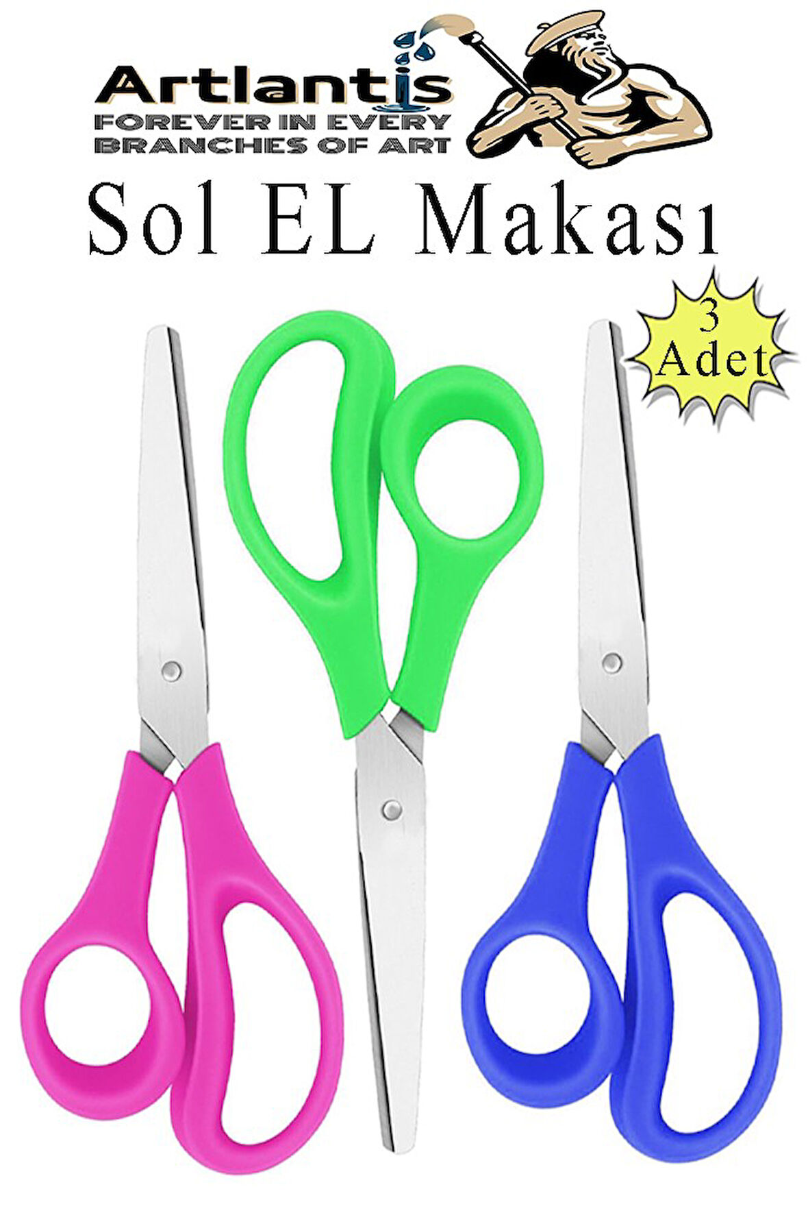 Sol El Makası 3 Adet Solak Okul Makası Plastik Saplı Solel İçin Makas Okul Öğrenci Makası Küt Uçlu Paslanmaz Çelik