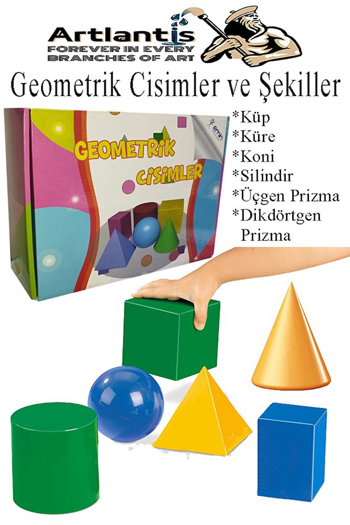 Geometrik Cisimler ve Şekiller Büyük Boy 1 Paket Matematik Ders Materyali 10 cm  6 Parça Prizma Küp Silindir Küp Koni
