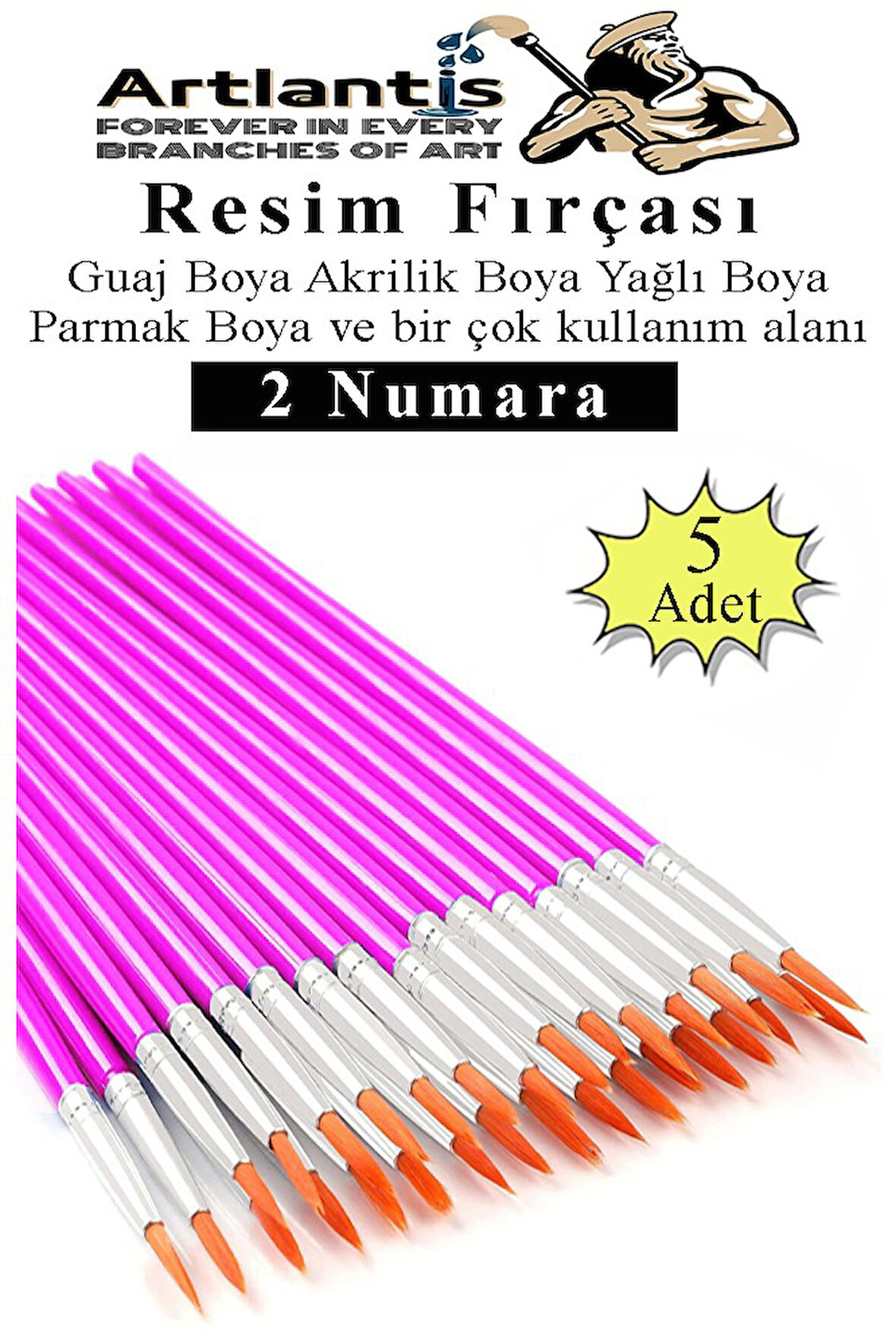 Resim Fırçası 2 Numara 5 Adet Yuvarlak Uçlu Sentetik Resim Fırça Ekonomik Suluboya Akrilik Boya Guaj Boya Yağlı Boya