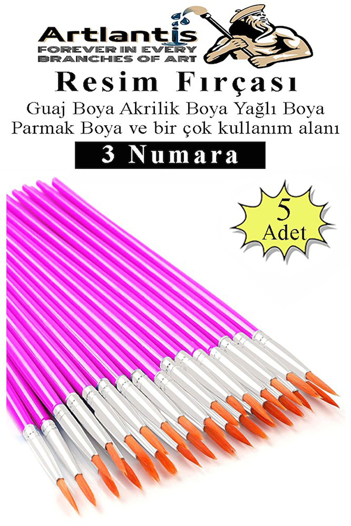 Resim Fırçası 3 Numara 5 Adet Yuvarlak Uçlu Sentetik Resim Fırça Ekonomik Suluboya Akrilik Boya Guaj Boya Yağlı Boya