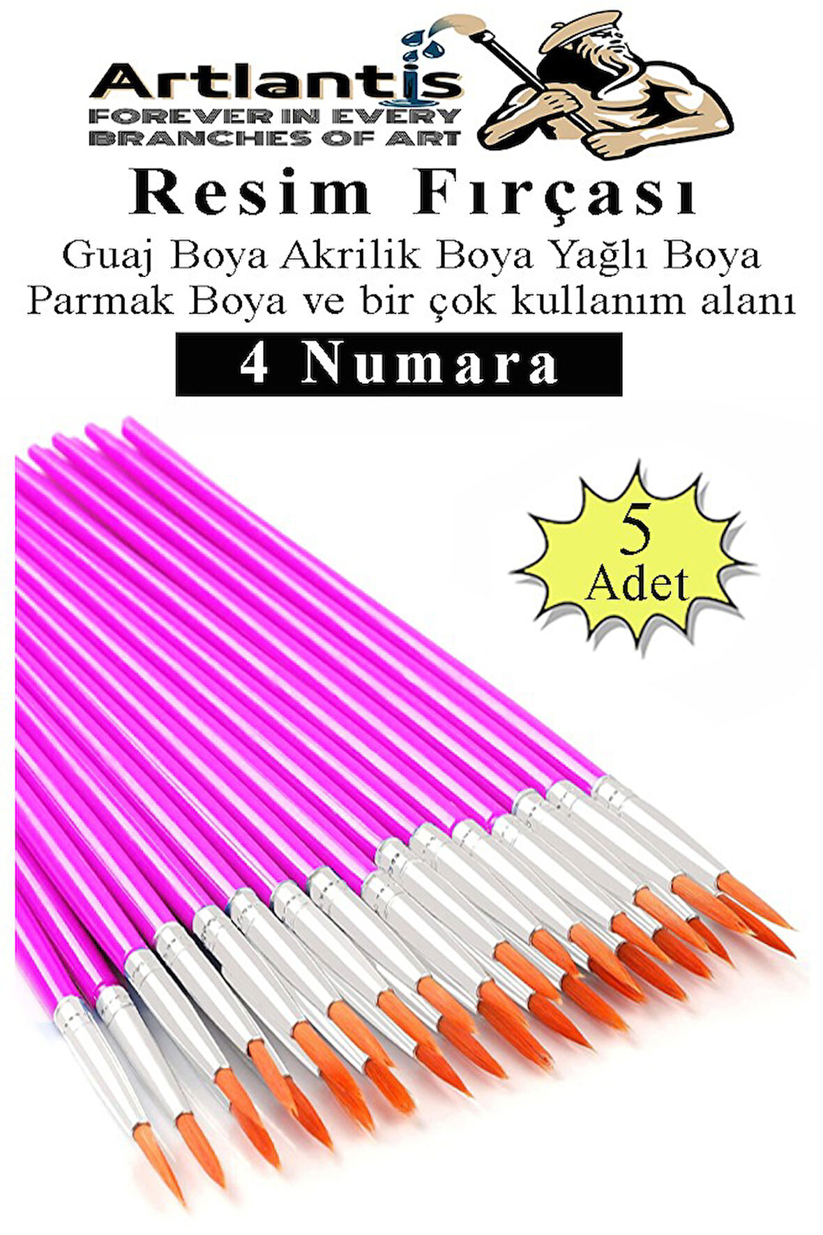 Resim Fırçası 4 Numara 5 Adet Yuvarlak Uçlu Sentetik Resim Fırça Ekonomik Suluboya Akrilik Boya Guaj Boya Yağlı Boya