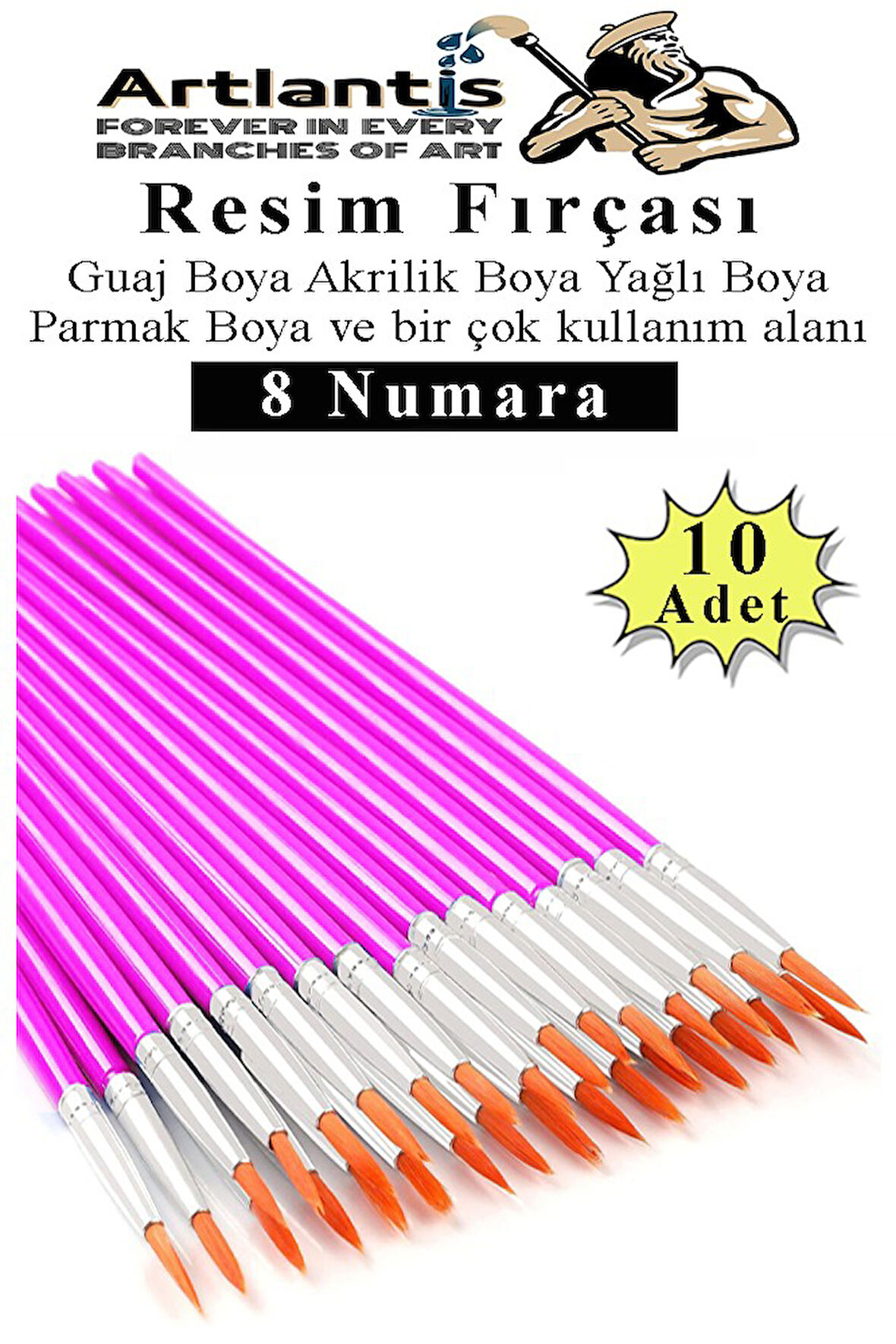 Resim Fırçası 8 Numara 10 Adet Yuvarlak Uçlu Sentetik Resim Fırça Ekonomik Suluboya Akrilik Boya Guaj Boya Yağlı Boya