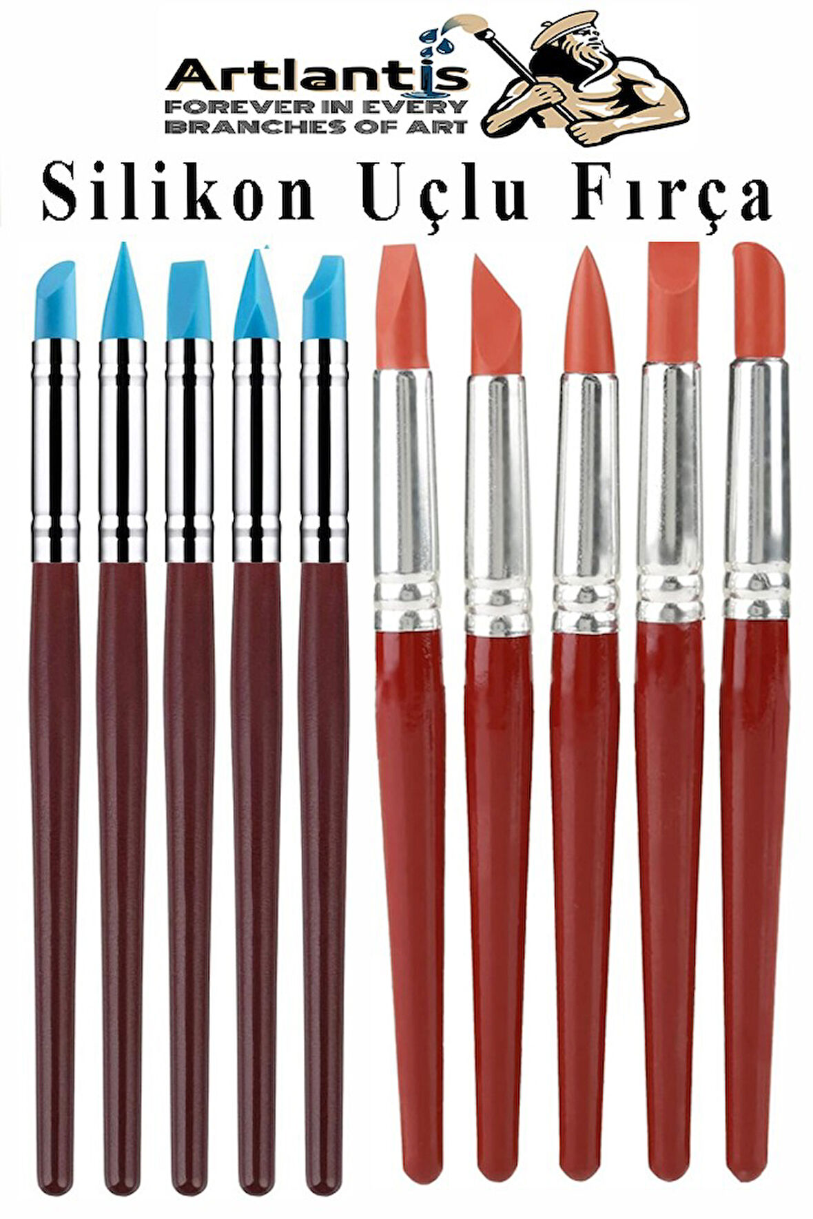 Silikon Uçlu Fırça Modelaj 10 Lu 1 Paket Kauçuk Polimer Kil Çömlek Seramik Şekillendirici Kalem Rötuş Kalem Seti
