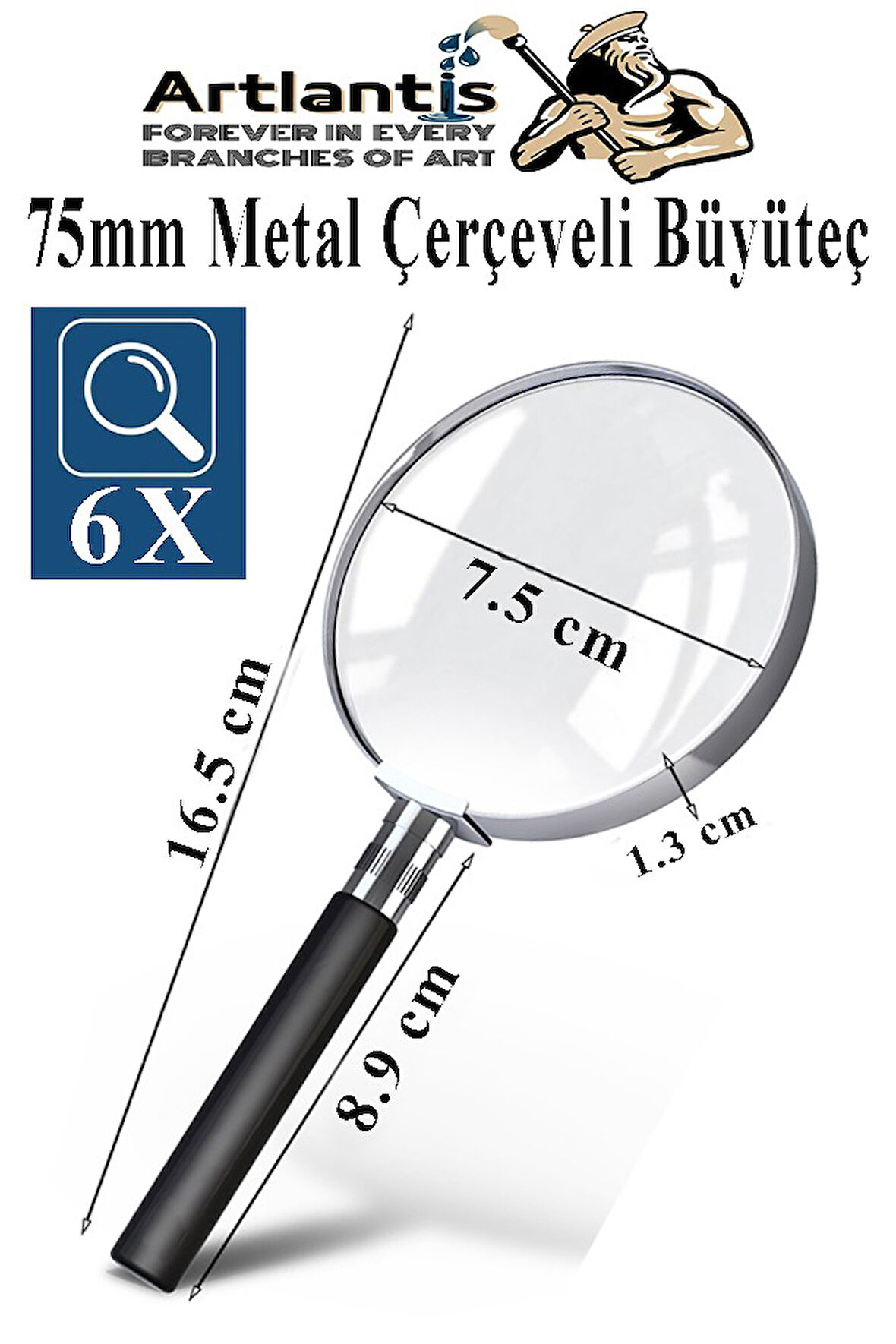 Metal Büyüteç 75 mm 1 Adet 6x Plastik Sap Çerçeveli 7.5 cm Büyüteç Merçek Okul Büro Ofis Krom Kaplama Büyüteç