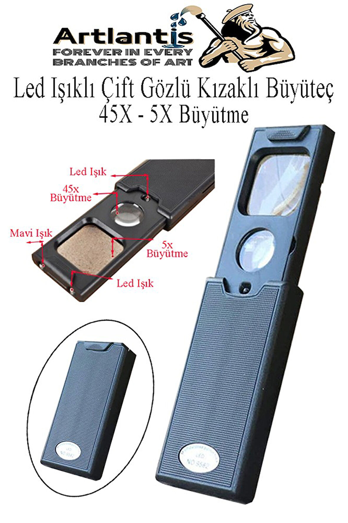 Led Işıklı Çift Gözlü Kızaklı Büyüteç 1 Adet Mor Işıklı 45X 5X Büyütme Lens El Tipi Lup Mercek Büyüteç Okul Büro Ofis