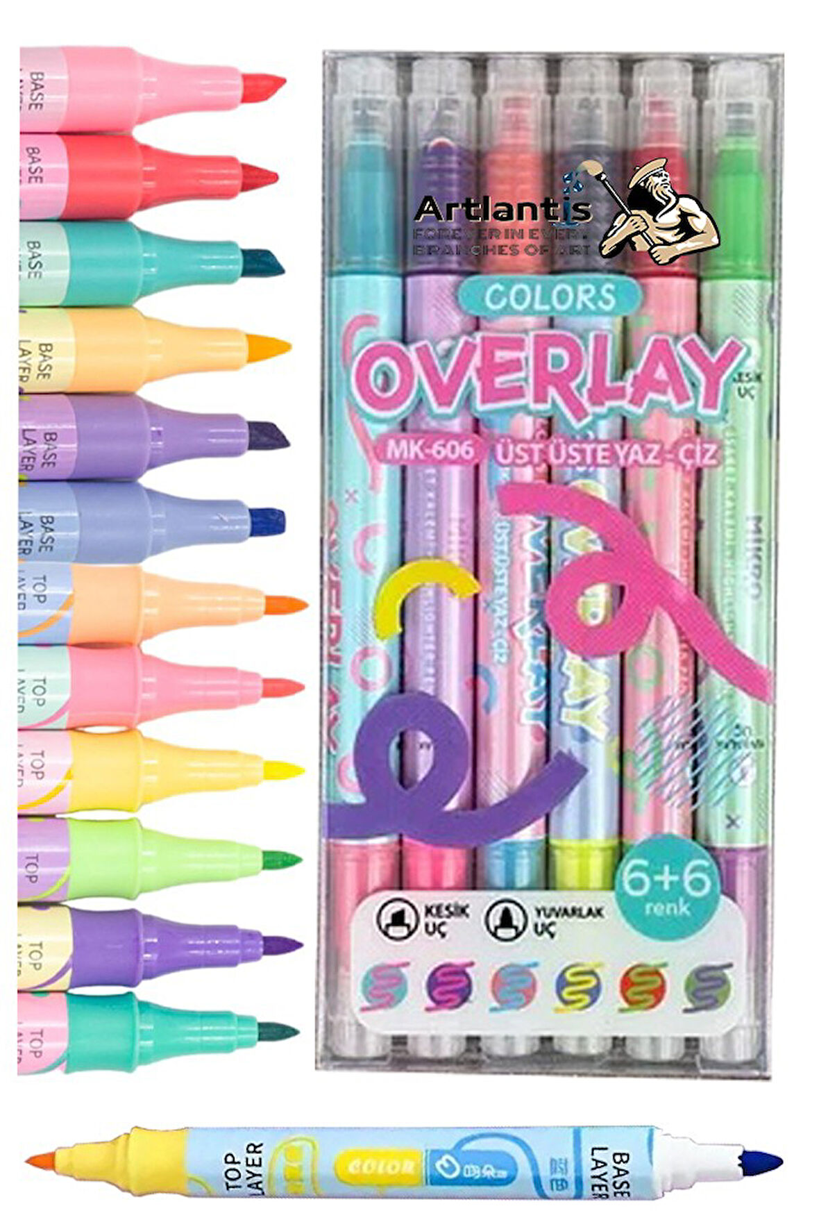 Overlay Fosforlu Kalem 6+6 Renk 1 Paket 12 Renk İnce ve Kesik Uçlu Fosforlu İşaretleme Kalemi Keçe Uçlu Kalem