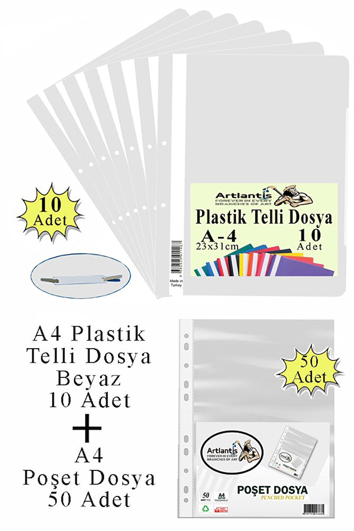 Telli Dosya Plastik A4 10 lu ve Poşet Dosya 50 li 1 Paket Ekonomik Kaliteli Şeffaf Kapak Telli Dosya Okul Büro Ofis