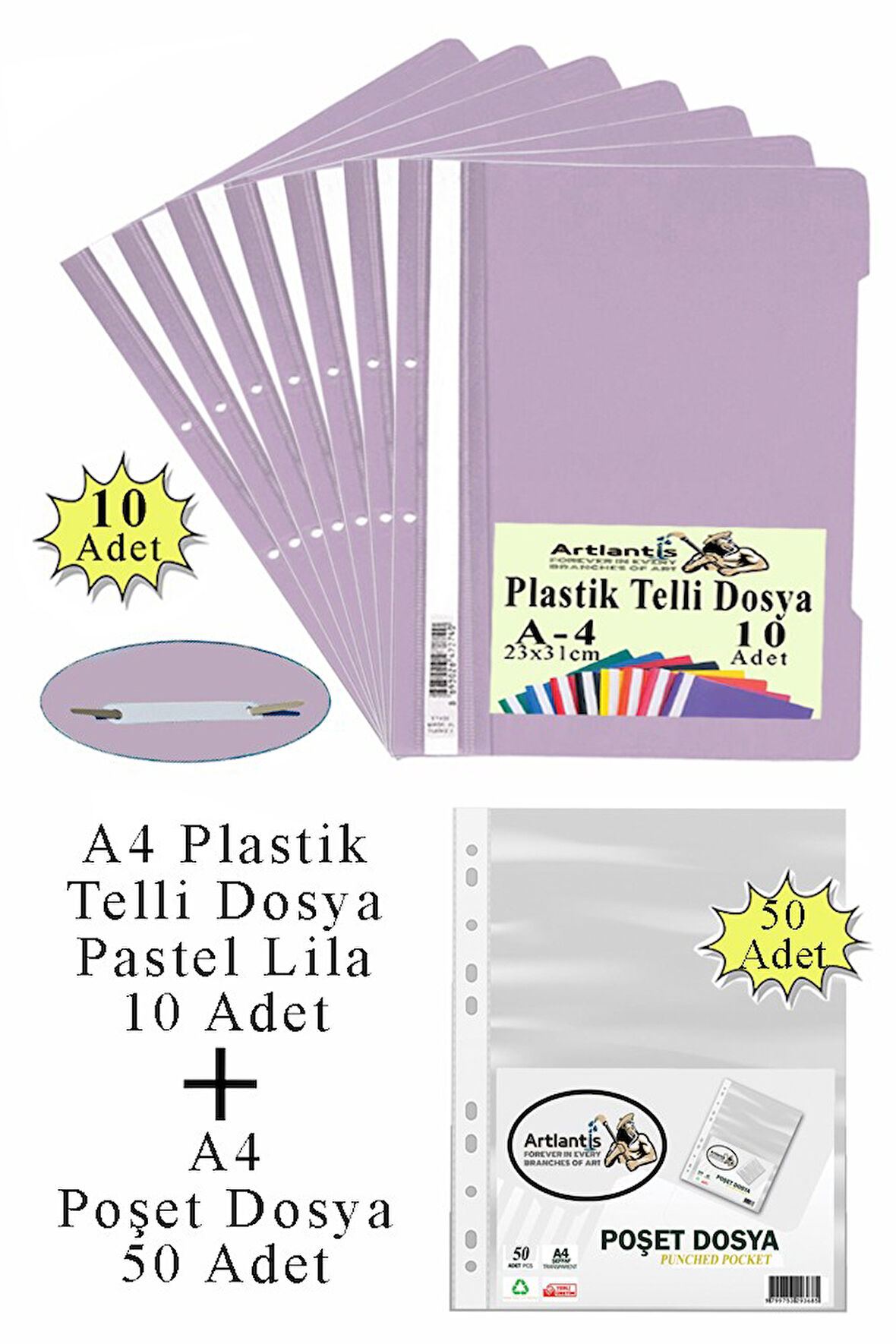 Telli Dosya Plastik A4 10 lu ve Poşet Dosya 50 li 1 Paket Ekonomik Kaliteli Şeffaf Kapak Telli Dosya Okul Büro Ofis
