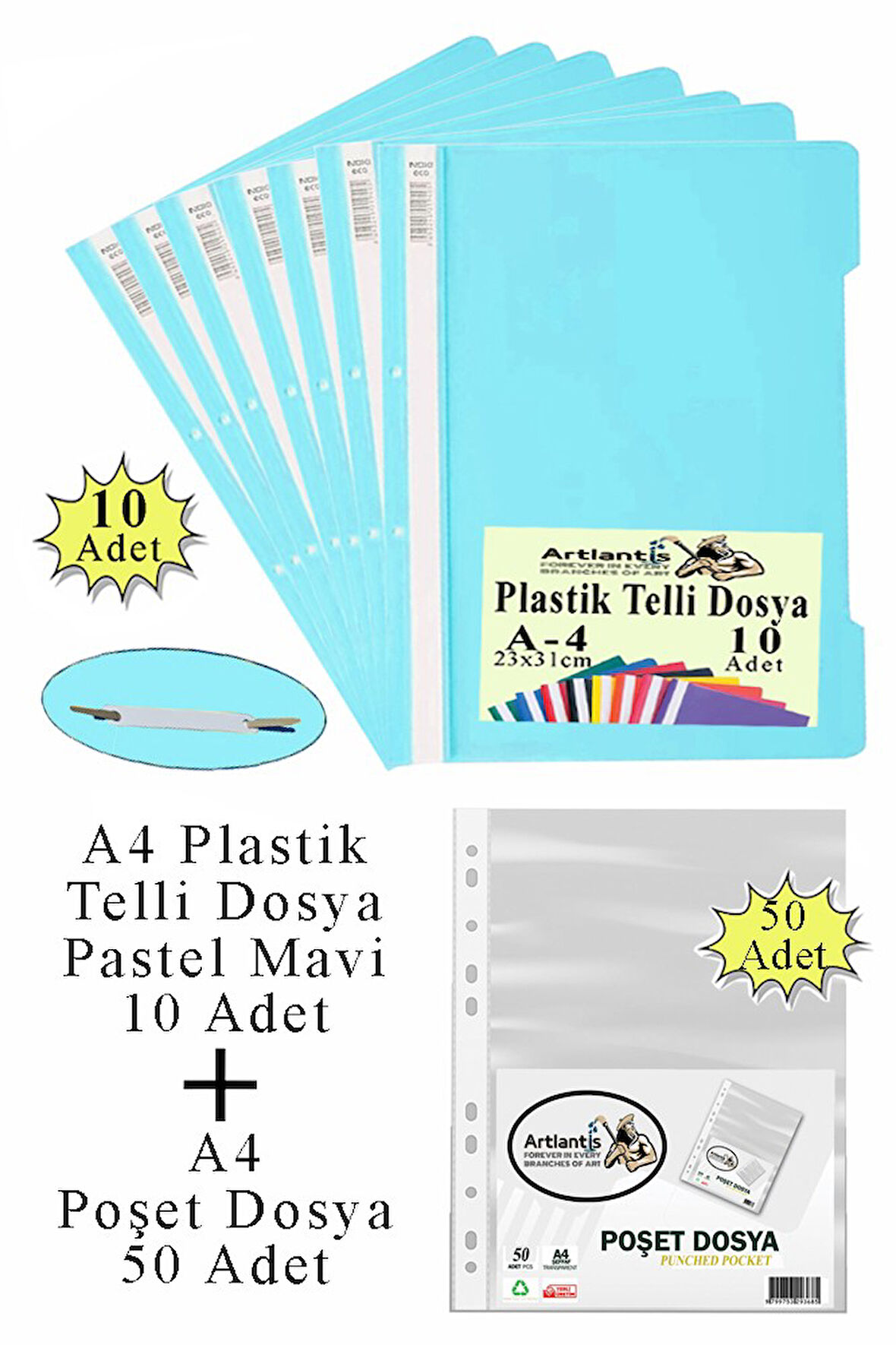 Telli Dosya Plastik A4 10 lu ve Poşet Dosya 50 li 1 Paket Ekonomik Kaliteli Şeffaf Kapak Telli Dosya Okul Büro Ofis