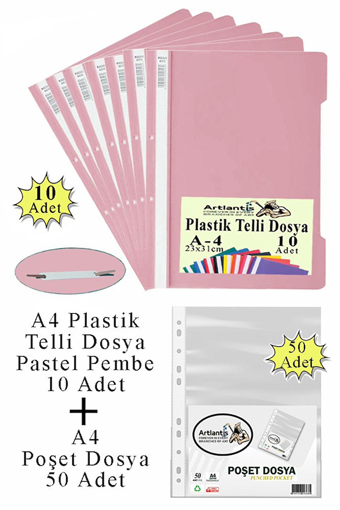 Telli Dosya Plastik A4 10 lu ve Poşet Dosya 50 li 1 Paket Ekonomik Kaliteli Şeffaf Kapak Telli Dosya Okul Büro Ofis